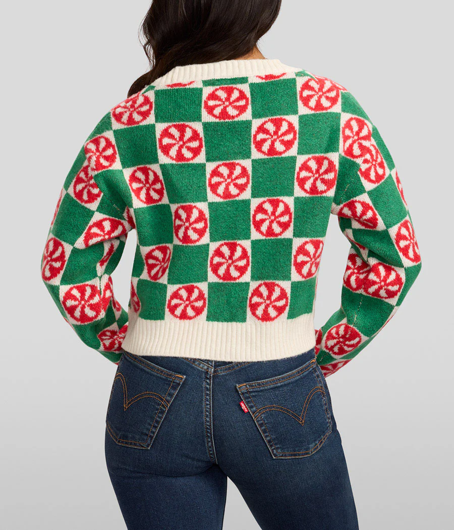 Women's Cozy Knit Checker Mint Cropped Christmas Cardigan Sweater