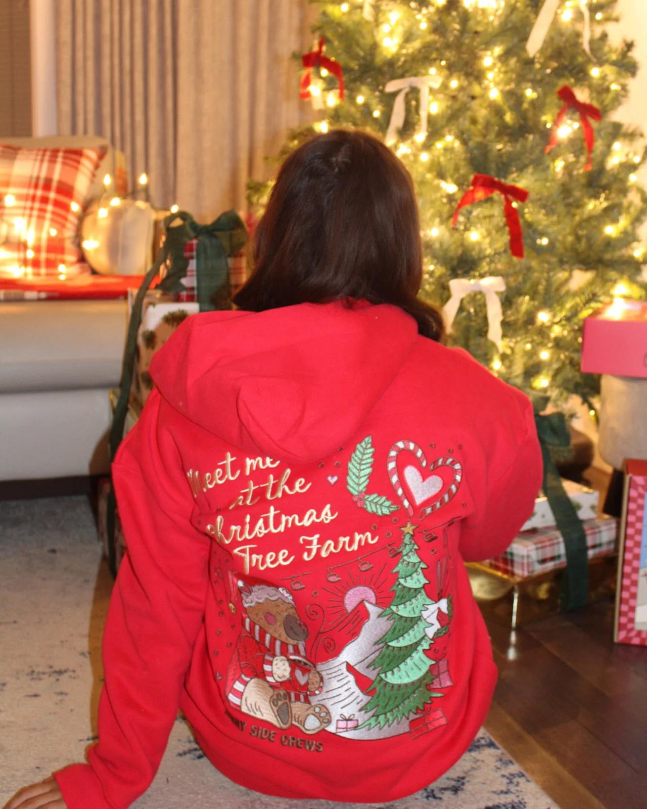 “Meet Me at The Christmas Tree Farm” Oversized “Cranberry” Embroidered Hoodie