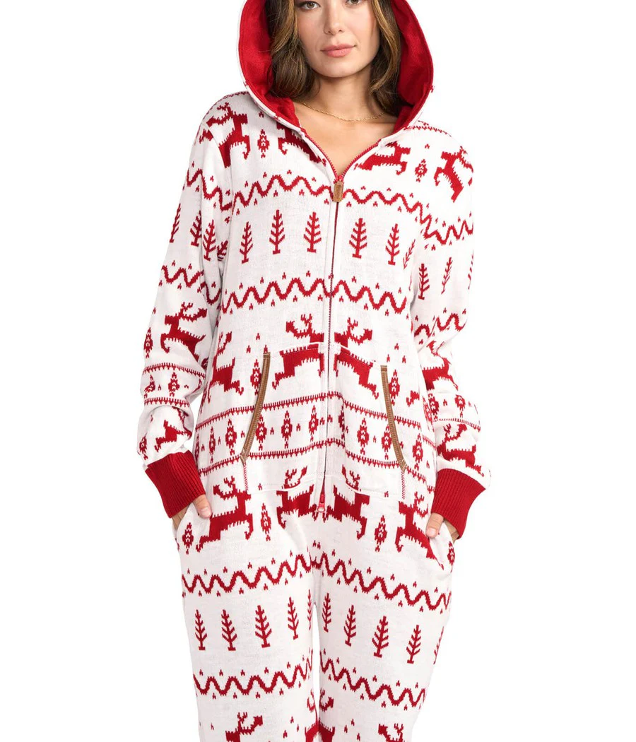Women's Red and White Fair Isle Knit Jumpsuit