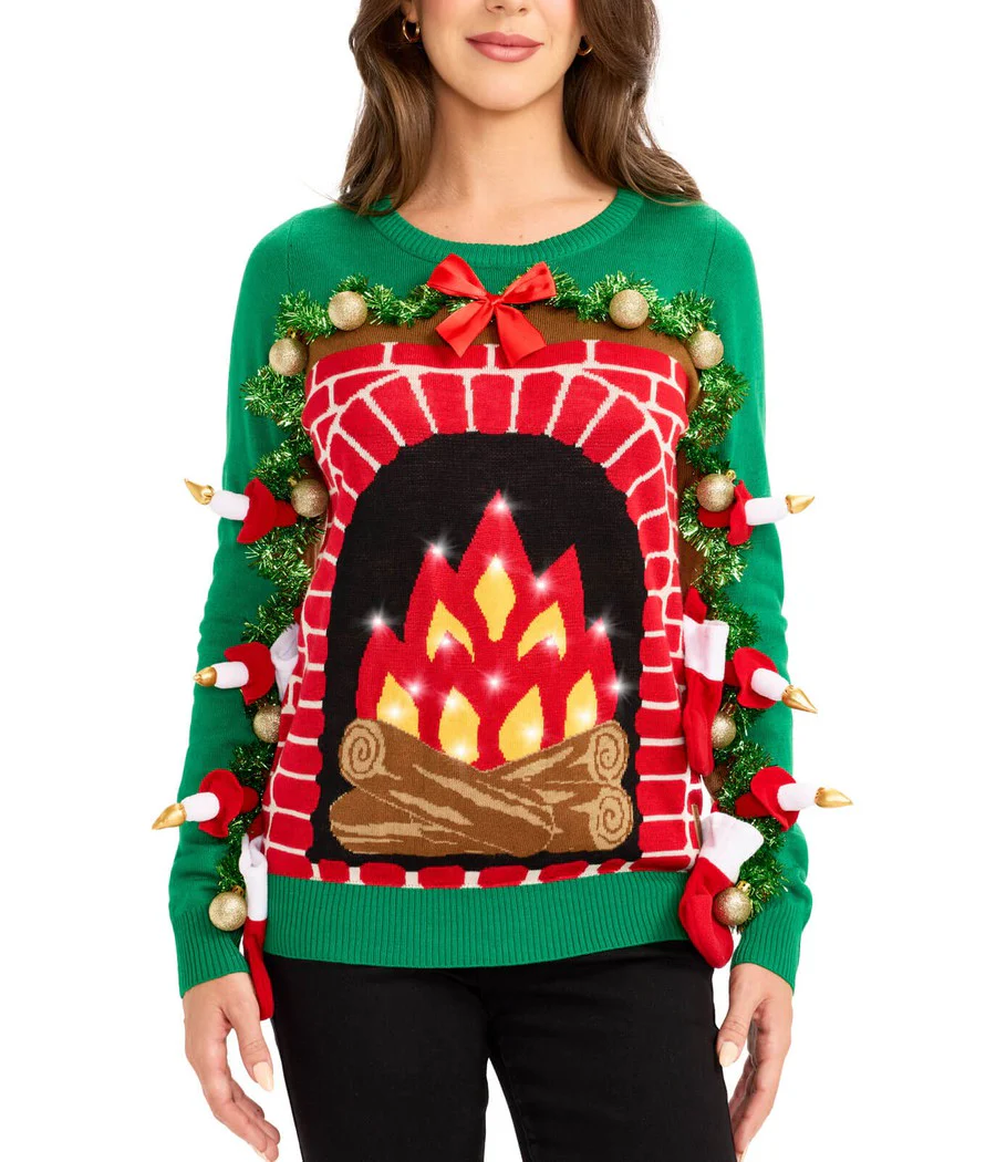 Women's Festive Fireplace Light Up Ugly Christmas Sweater