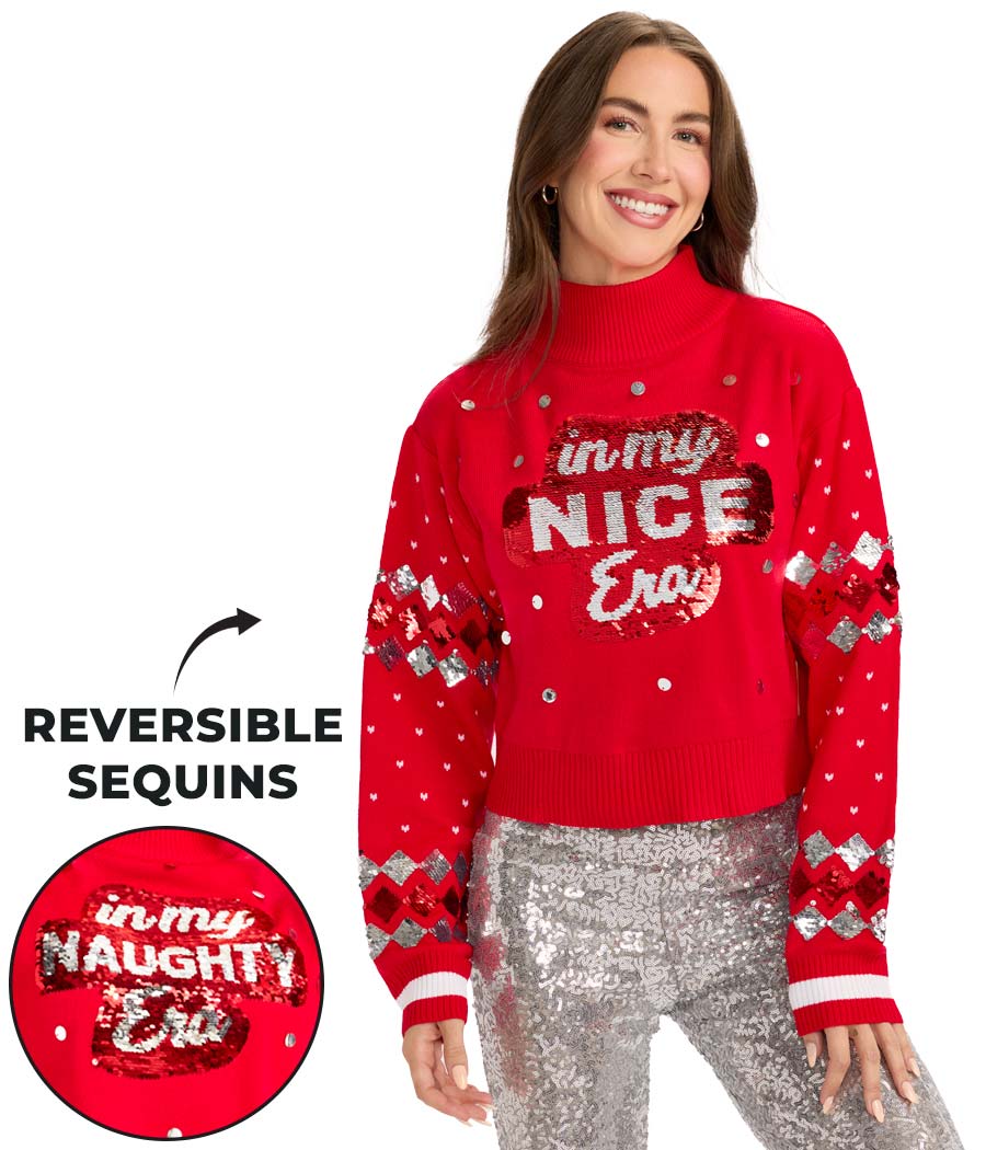 Women's Nice Era Turtleneck Cropped Reversible Sequin Christmas Sweater