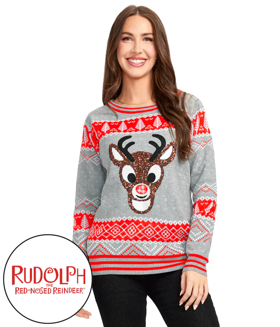 Women's Sequin Rudolph Light Up Ugly Christmas Sweater