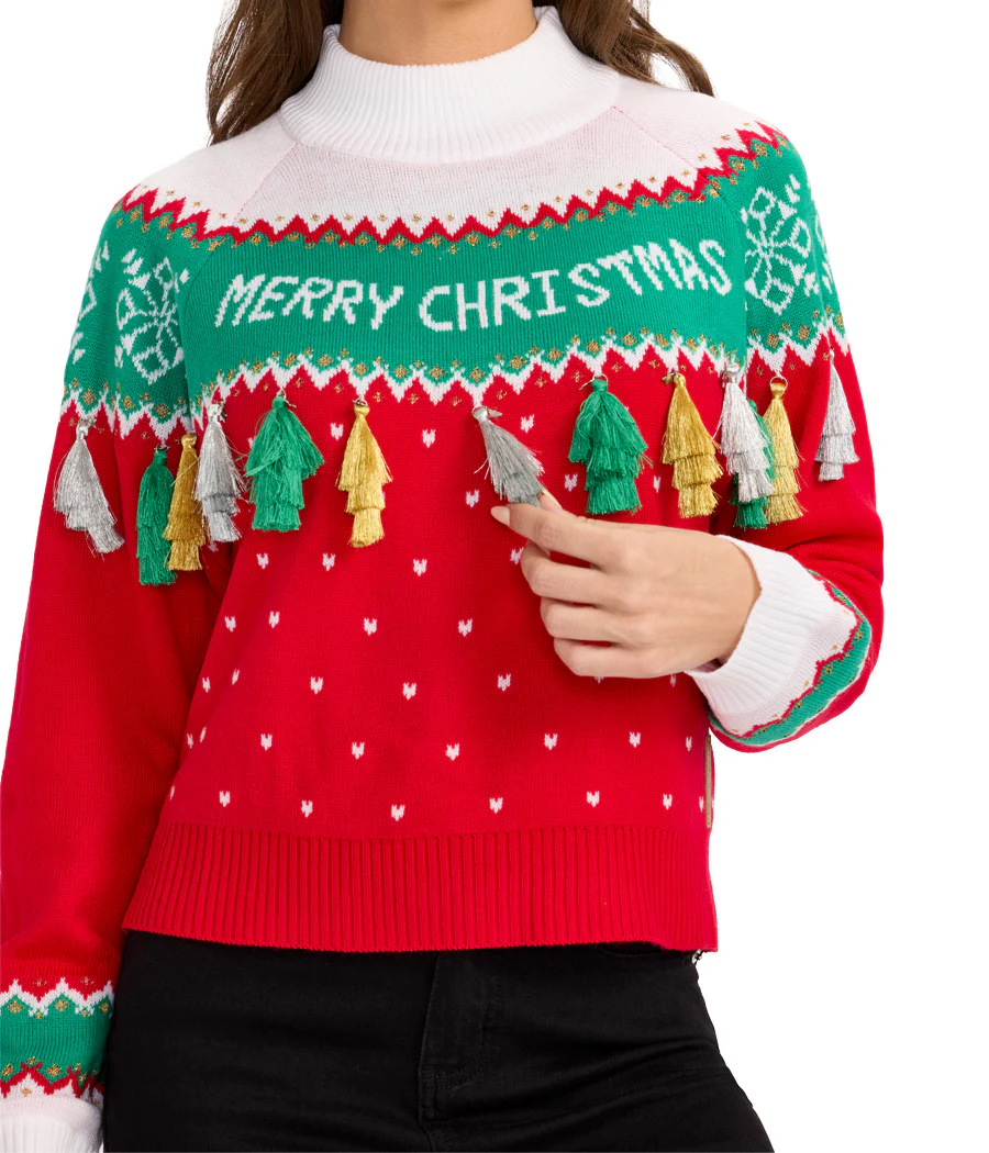 Women's Merry Christmas Tassel Turtleneck Cropped Sweater