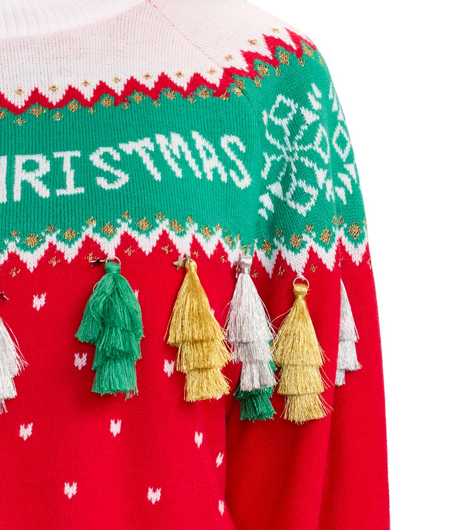 Women's Merry Christmas Tassel Turtleneck Cropped Sweater