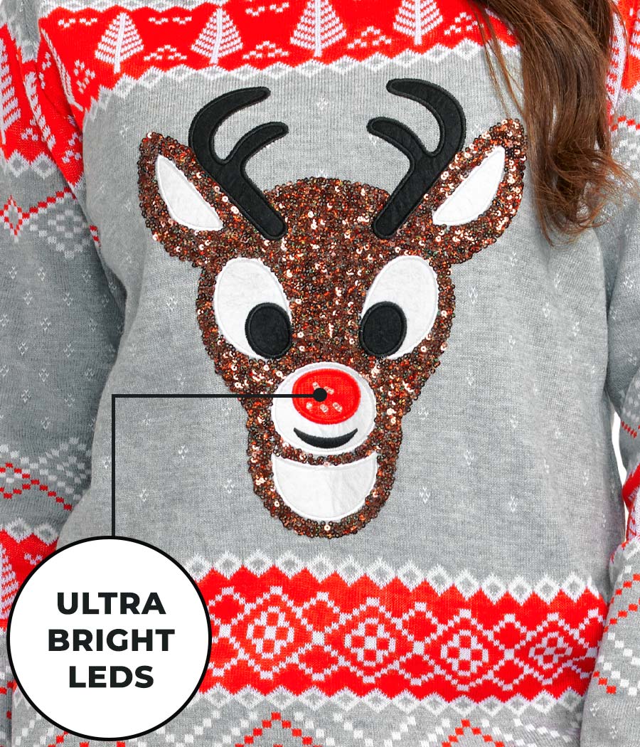 Women's Sequin Rudolph Light Up Ugly Christmas Sweater