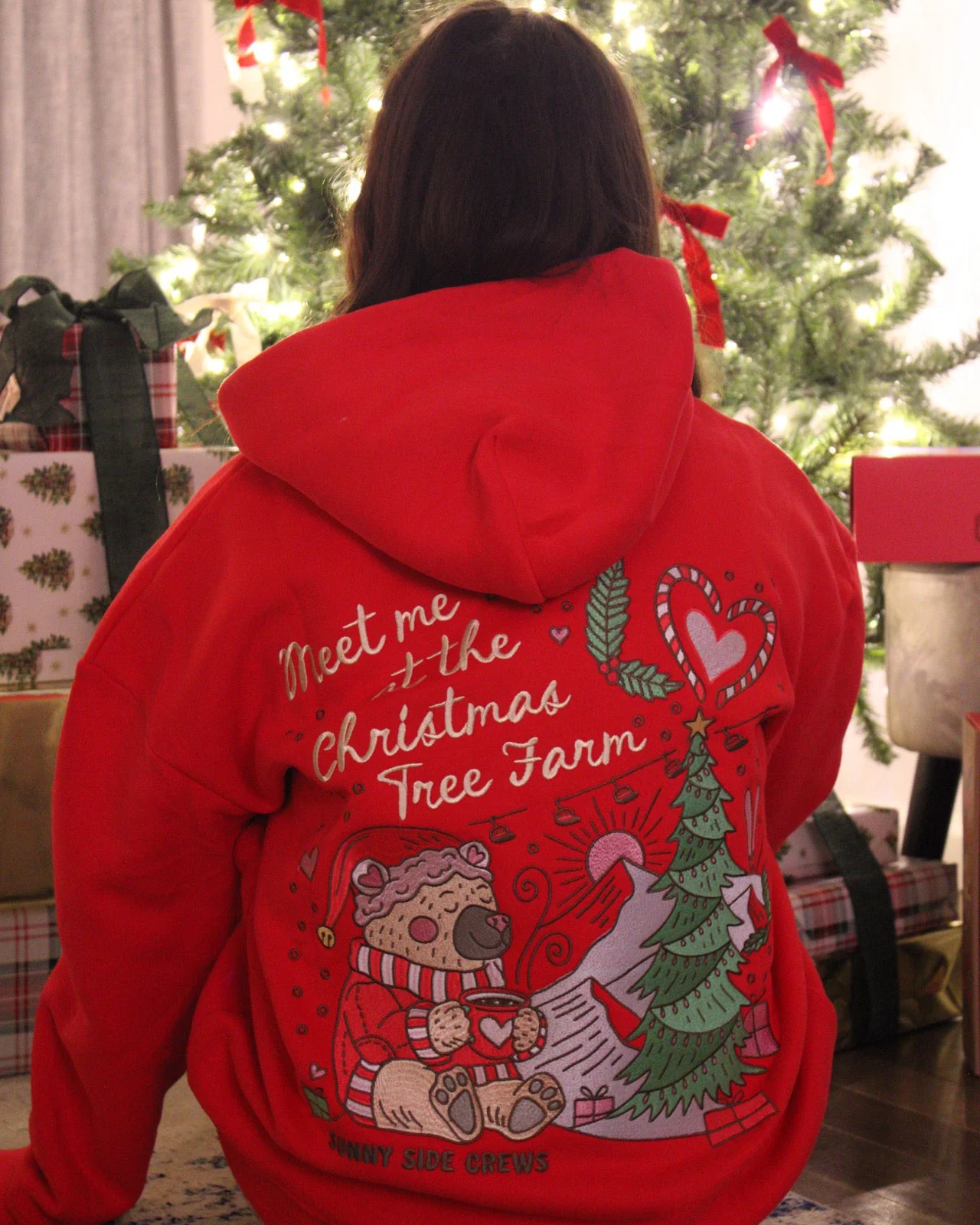 “Meet Me at The Christmas Tree Farm” Oversized “Cranberry” Embroidered Hoodie