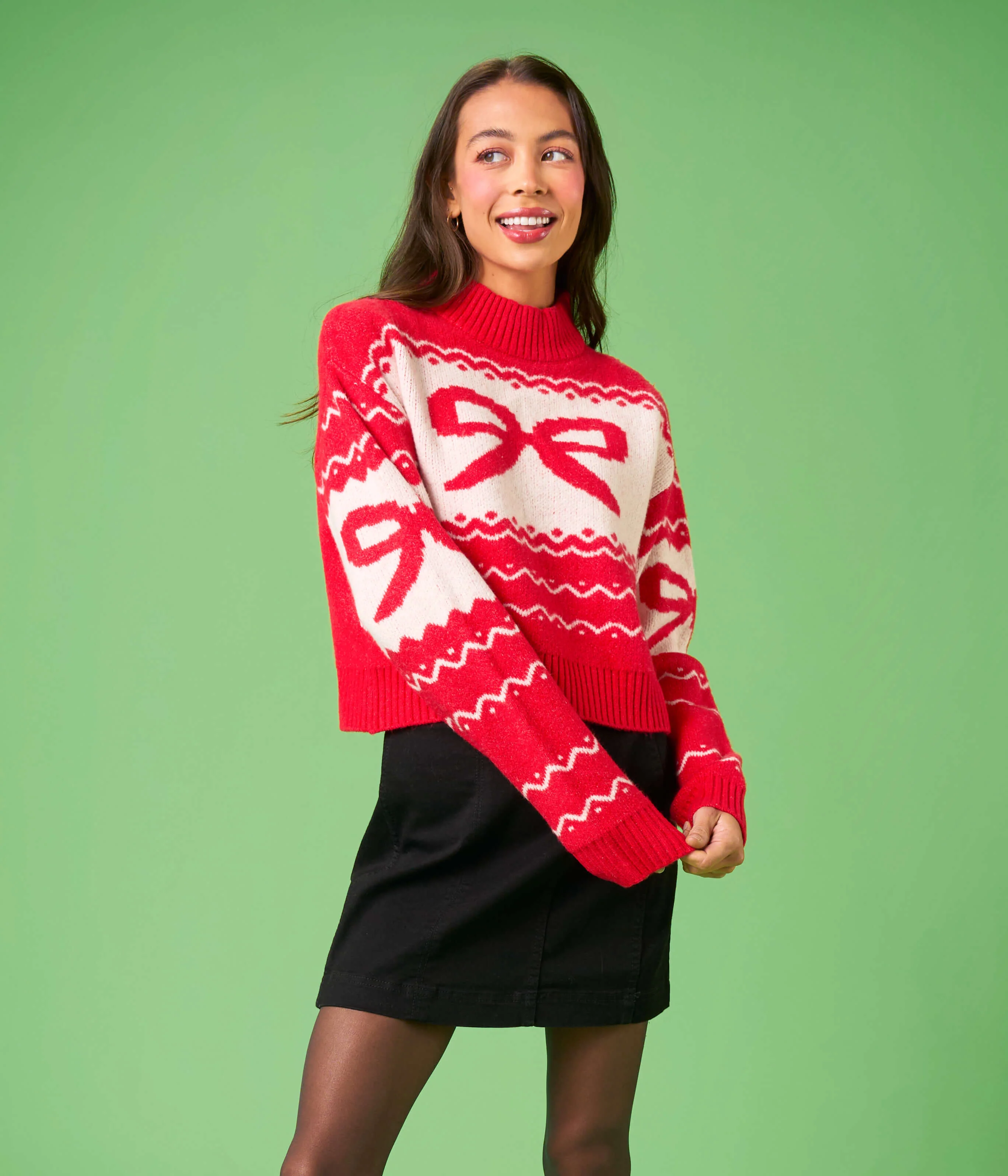Women's Cozy Knit Bow Cropped Christmas Sweater