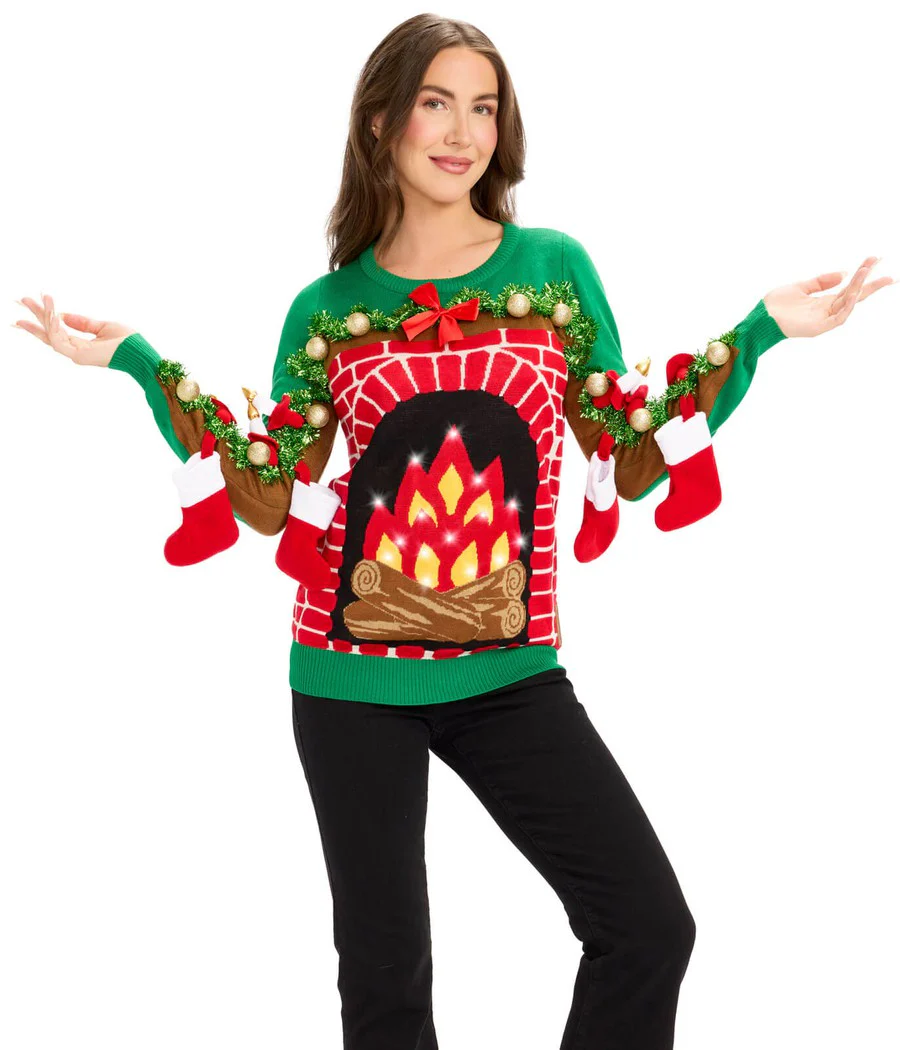 Women's Festive Fireplace Light Up Ugly Christmas Sweater