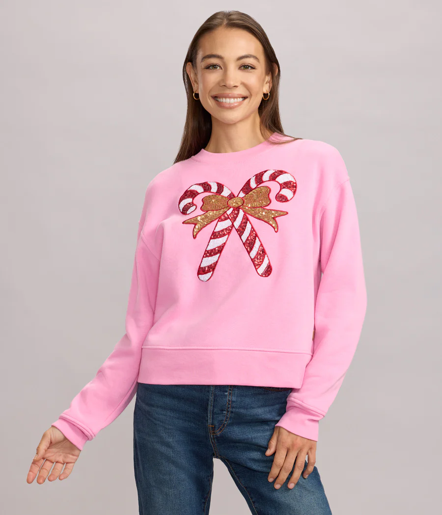 Women's Pink Sequin Candy Cane Sweatshirt
