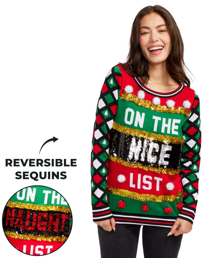 Women's Naughty or Nice Reversible Sequin Ugly Christmas Sweater