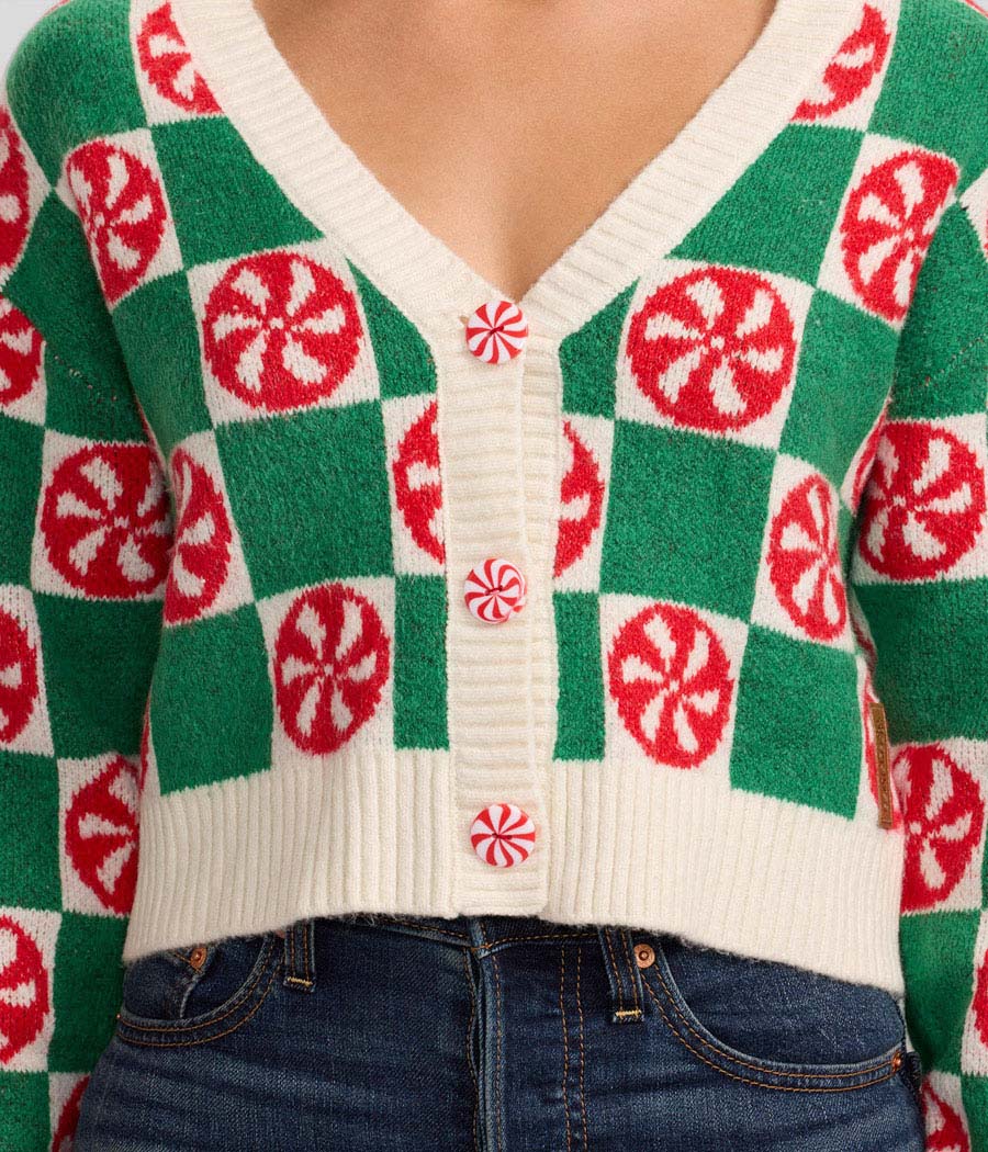Women's Cozy Knit Checker Mint Cropped Christmas Cardigan Sweater