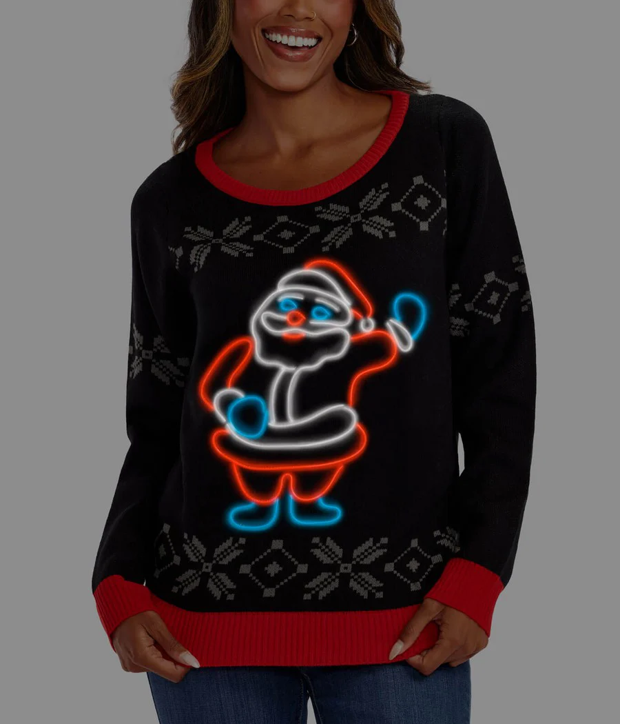 Women's Ho Ho Hello Neon LED Light Up Ugly Christmas Sweater