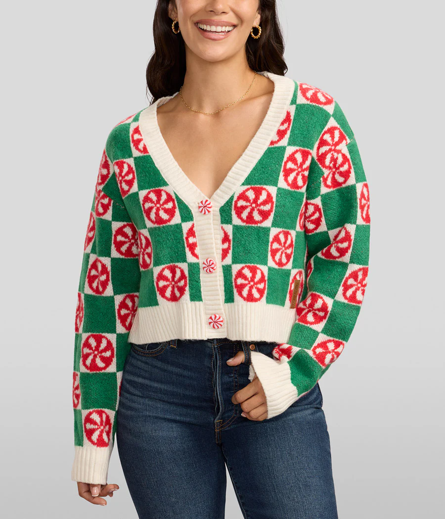 Women's Cozy Knit Checker Mint Cropped Christmas Cardigan Sweater