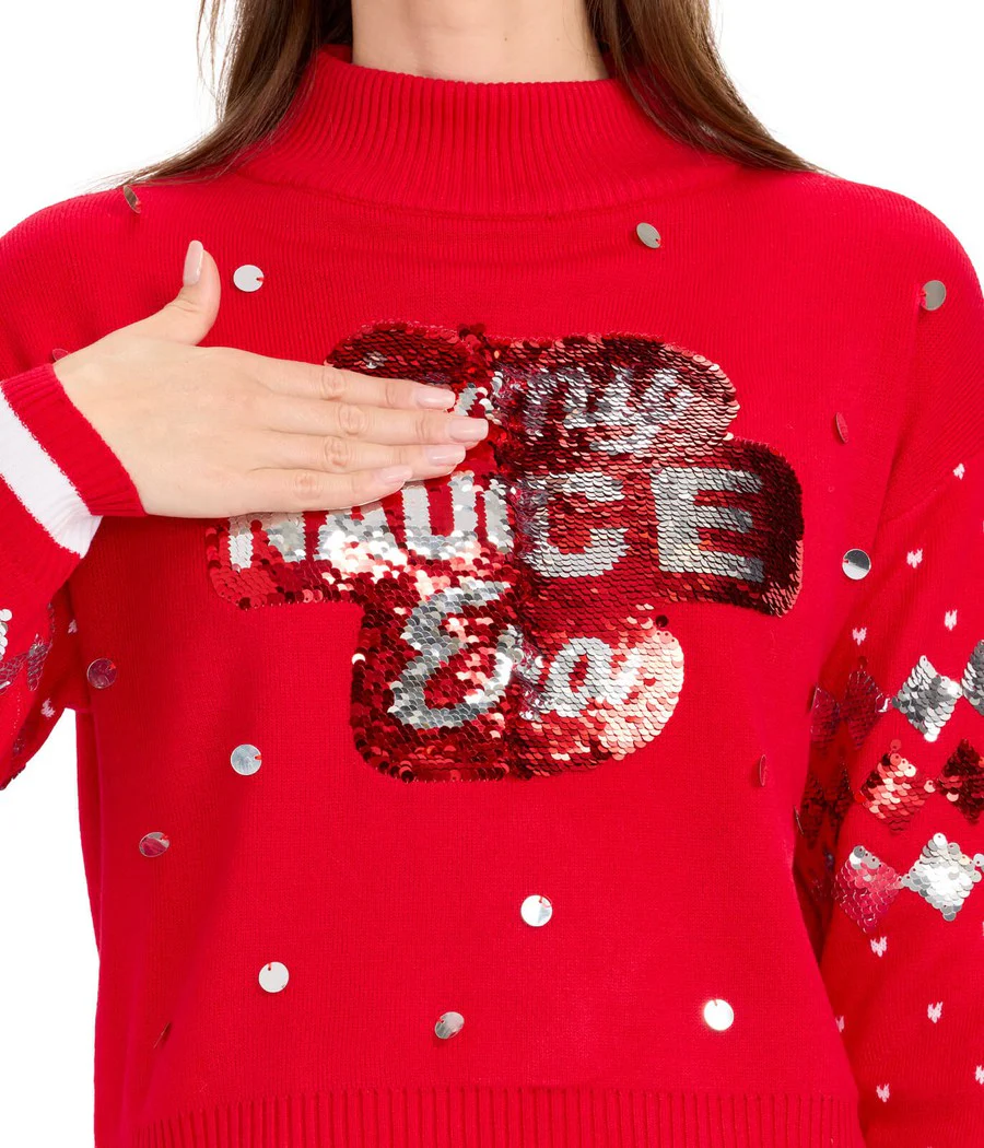 Women's Nice Era Turtleneck Cropped Reversible Sequin Christmas Sweater