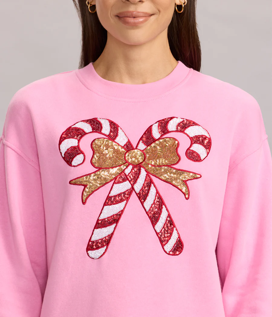 Women's Pink Sequin Candy Cane Sweatshirt