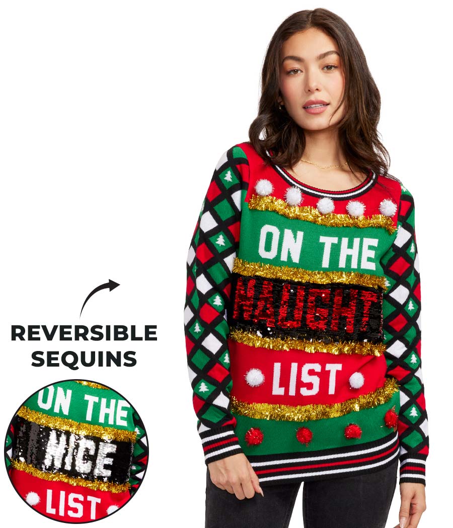 Women's Naughty or Nice Reversible Sequin Ugly Christmas Sweater