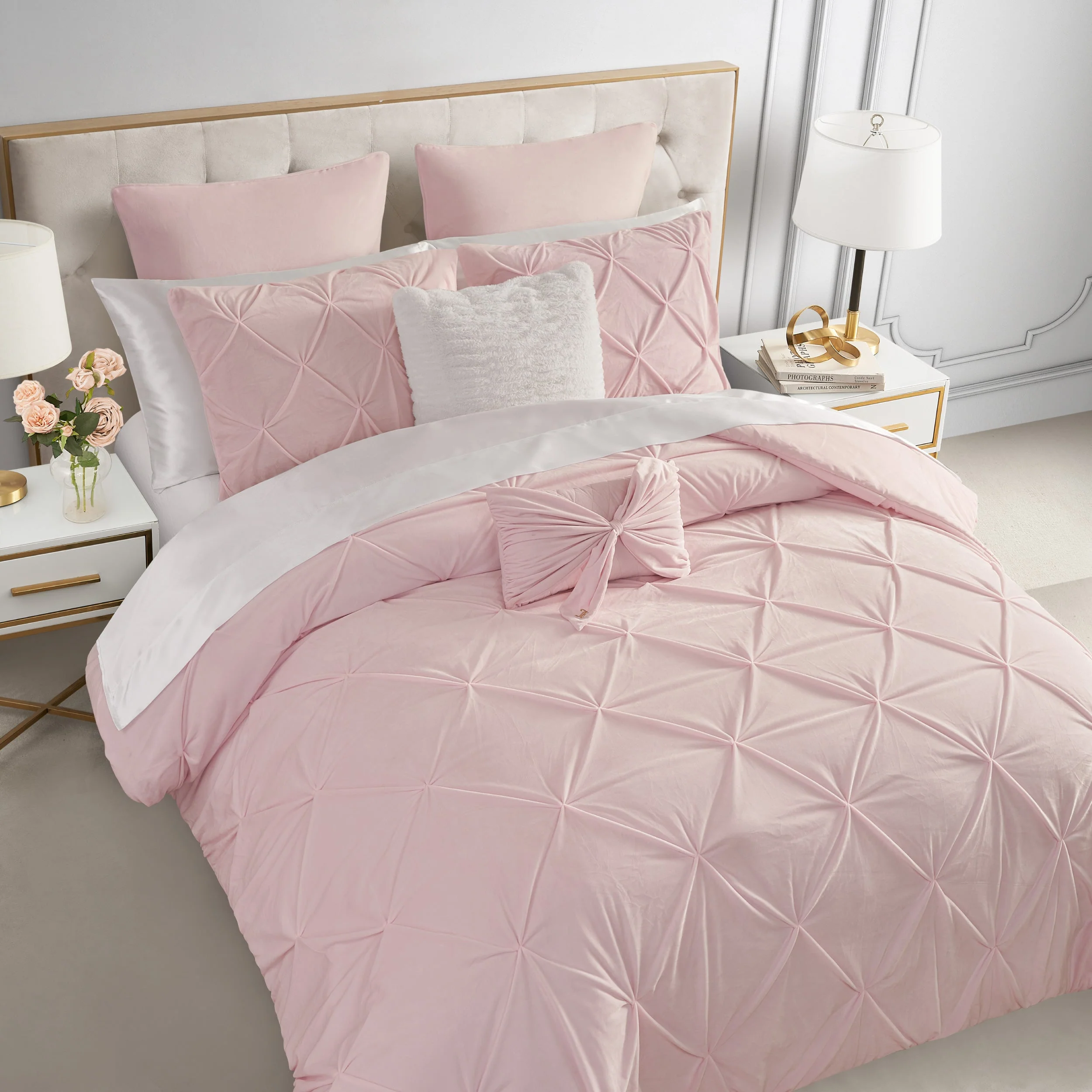 Kiss Pleat Micromink Comforter Set With Decorative Pillows
