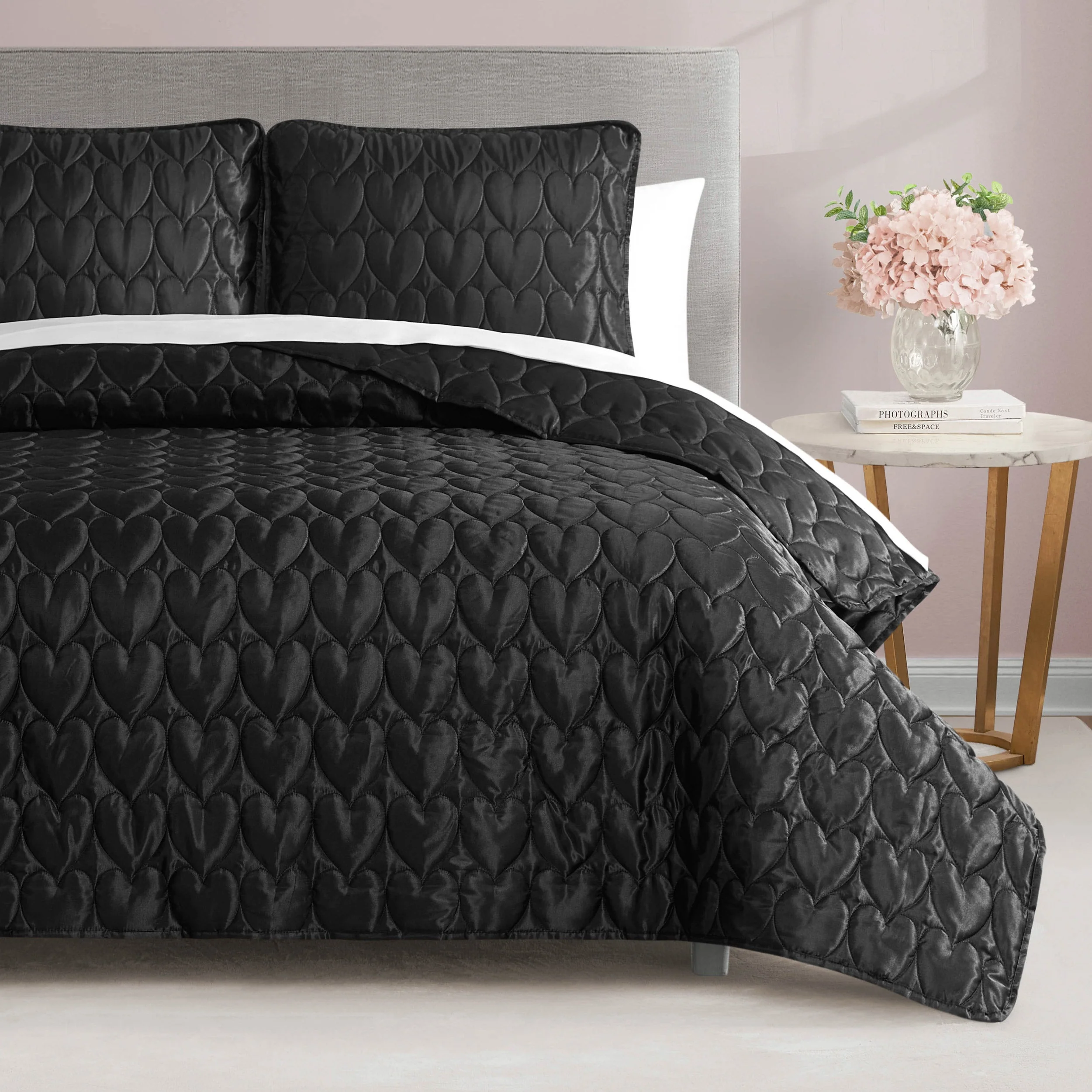 Satin Heart Stitched Quilt Set