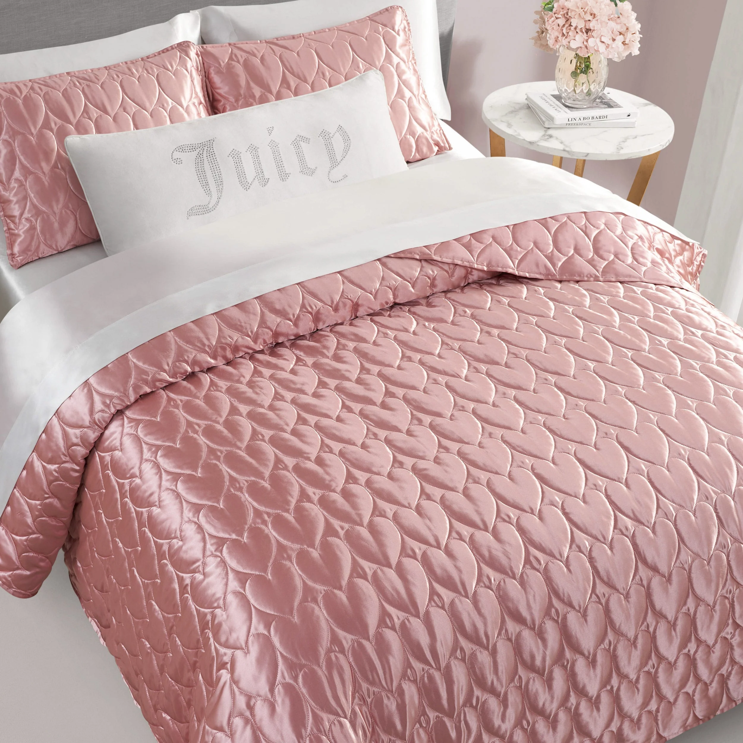Satin Heart Stitched Quilt Set