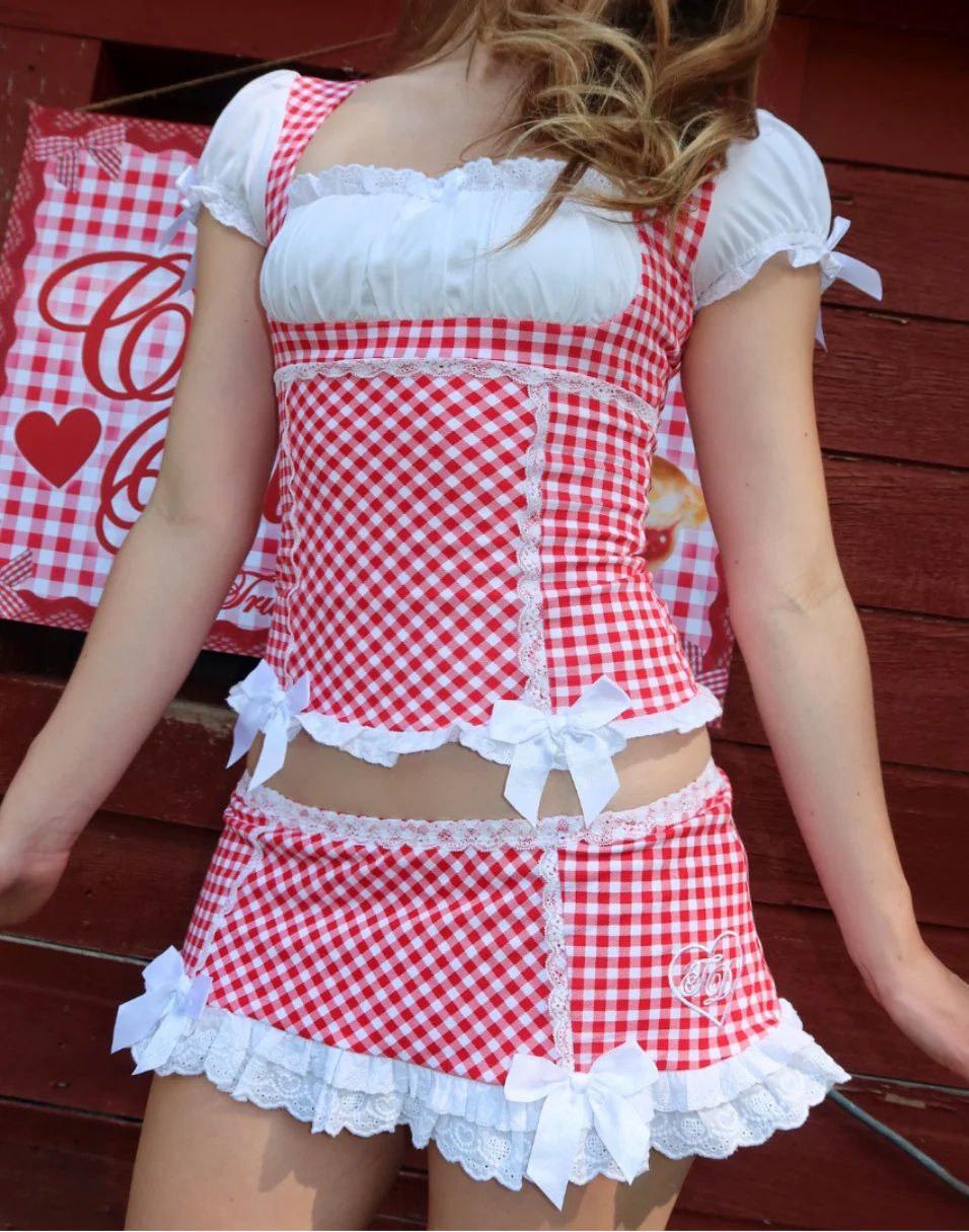 Cherry Doll Milkmaid Top + Micro Skirt Set