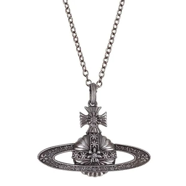 2 Size Antique Silver Carved Saturn Necklace