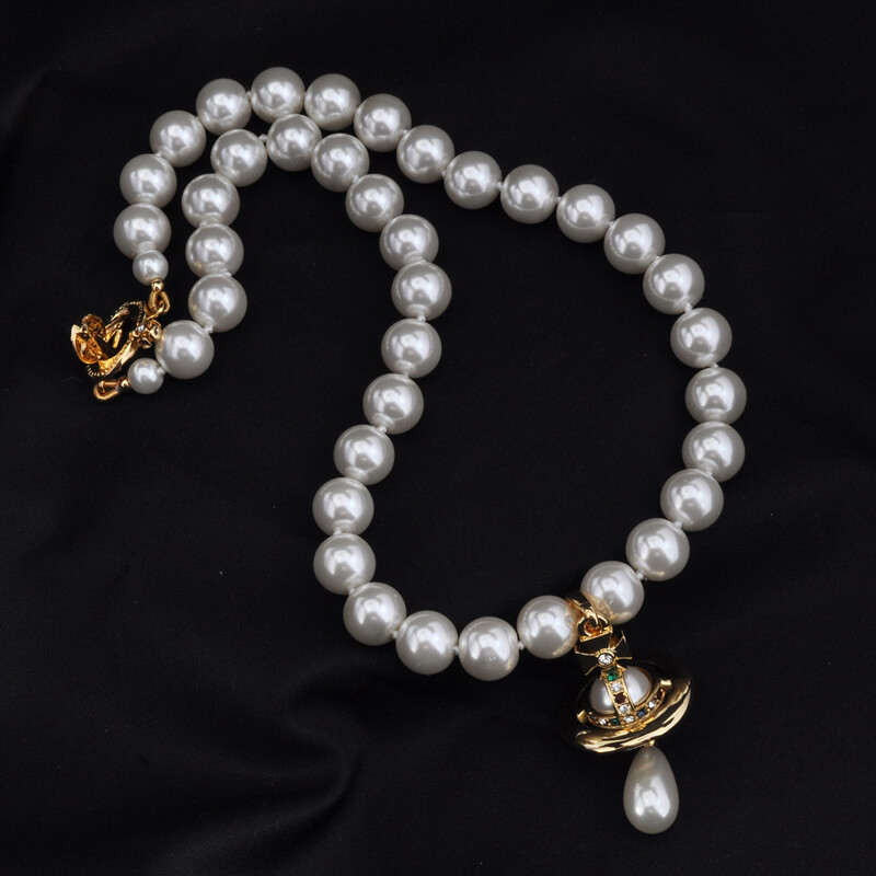 2 Colors One Row Saturn Pearl Drop Necklace
