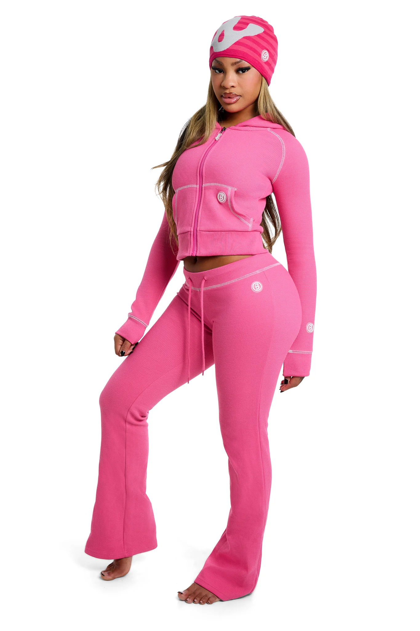 WAFFLE KNIT BOOT CUT PANTS (STRAWBERRY PINK/GREY)