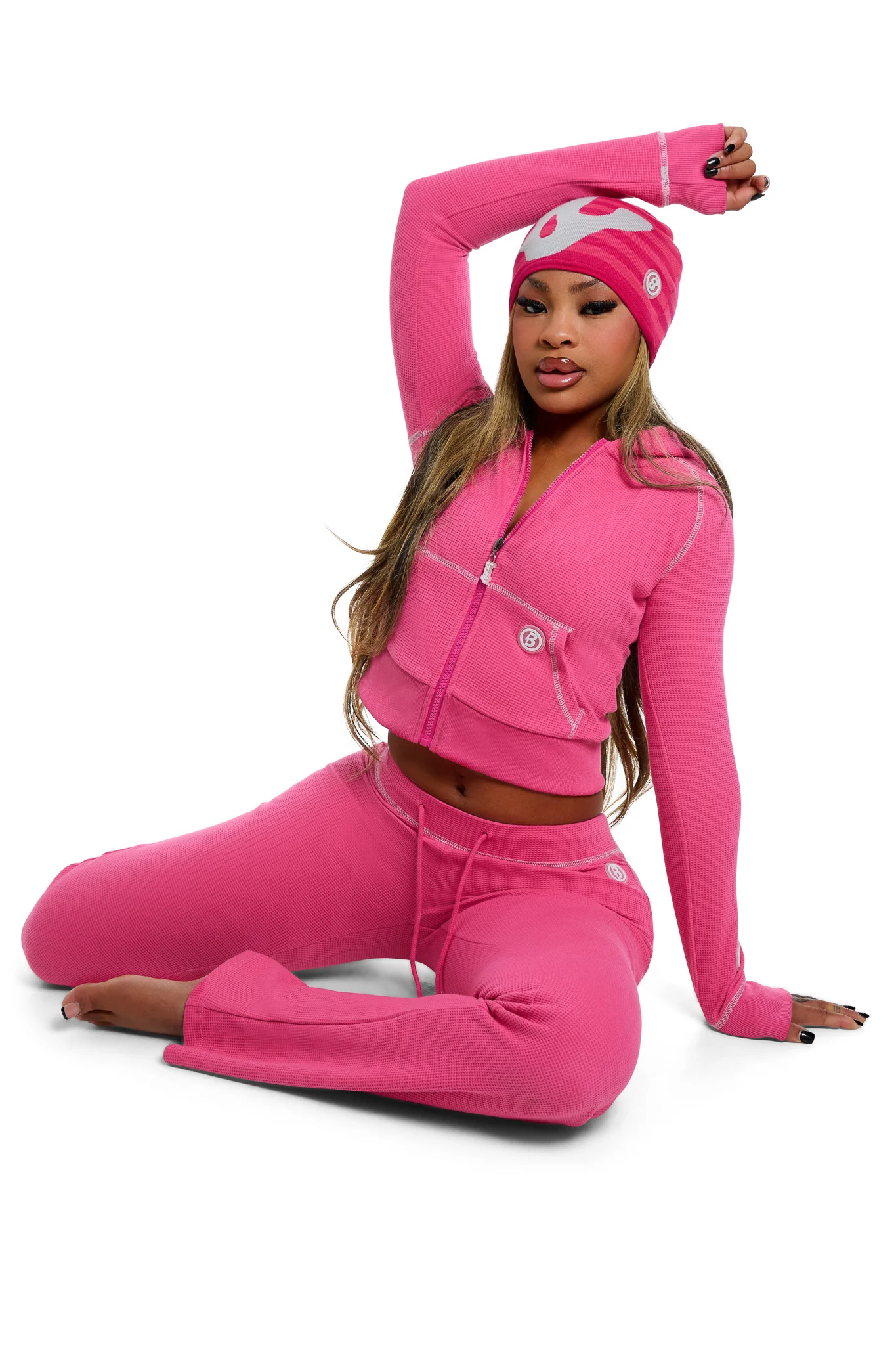 WAFFLE KNIT HOODIE (STRAWBERRY PINK/GREY)