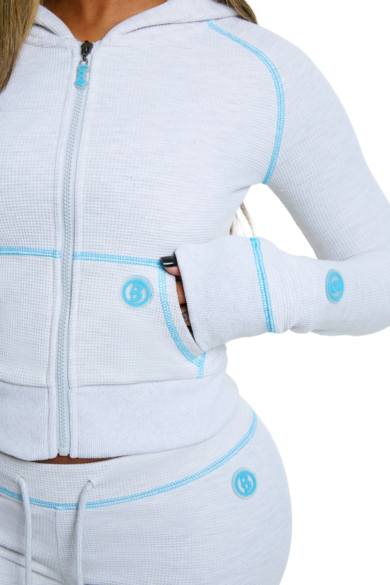 WAFFLE KNIT HOODIE (HEATHER GREY/TURQUOISE)