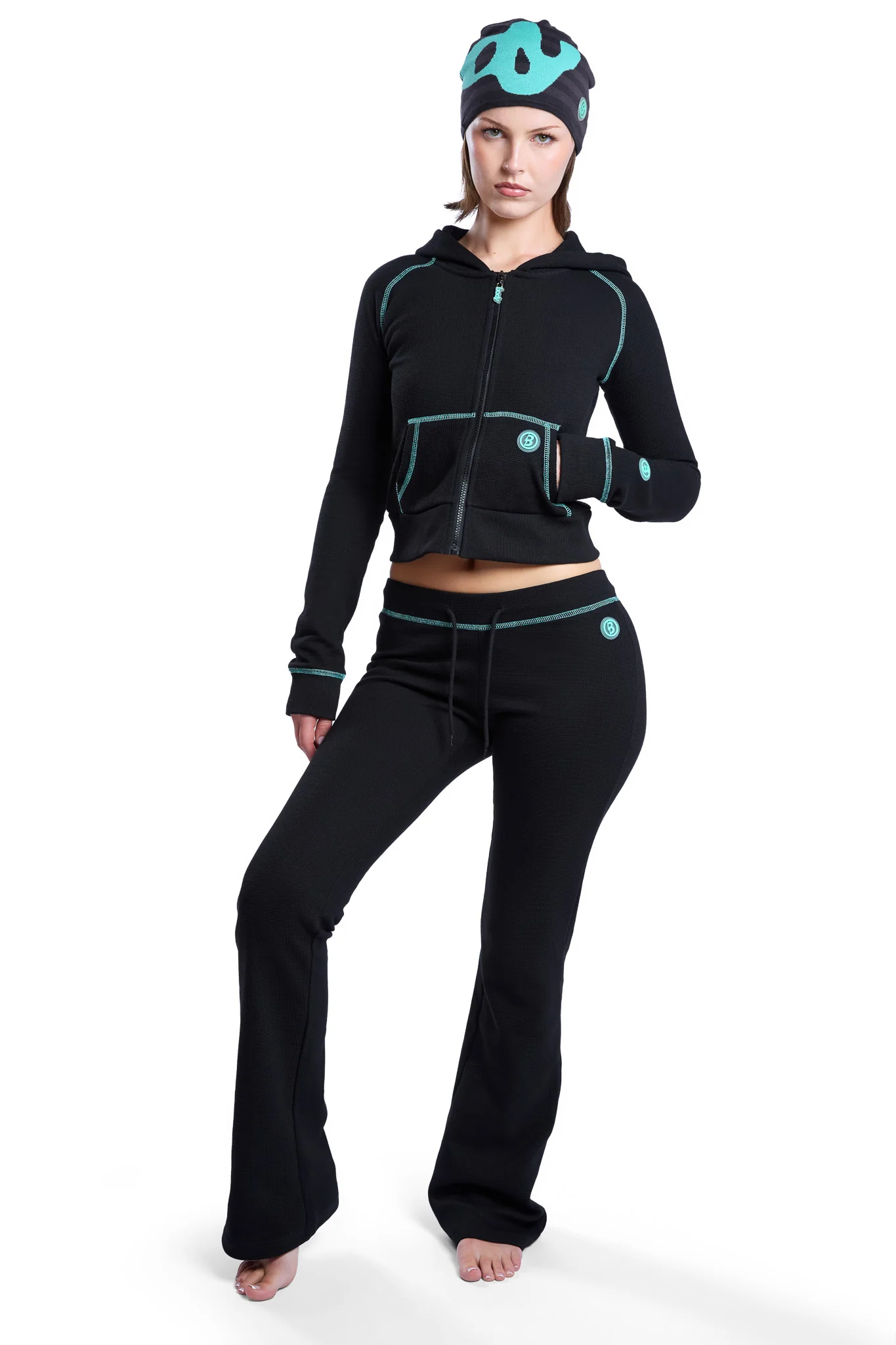 WAFFLE KNIT HOODIE (BLACK/TIFFANY BLUE)