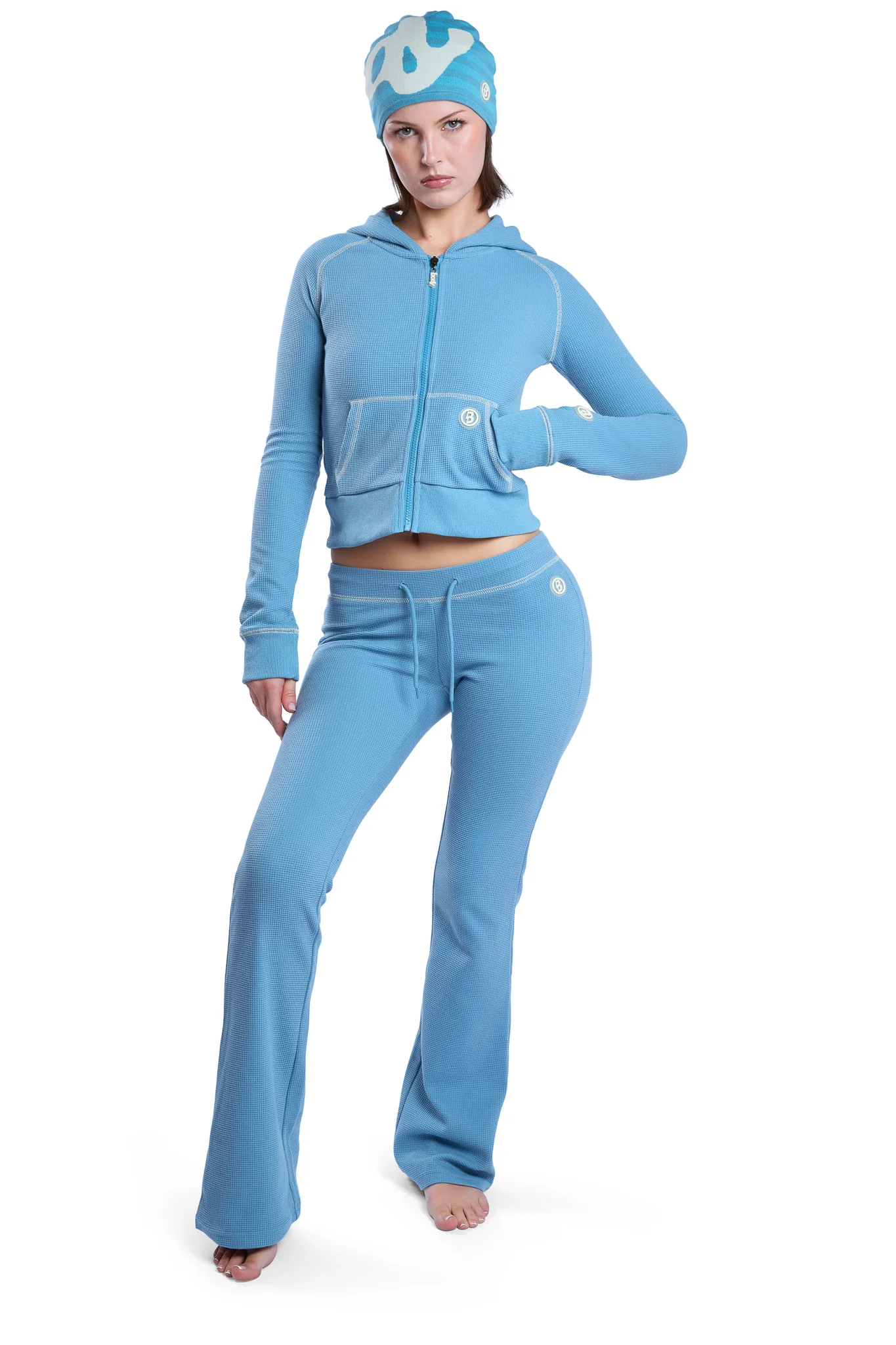 WAFFLE KNIT HOODIE (TEAL/CREAM)