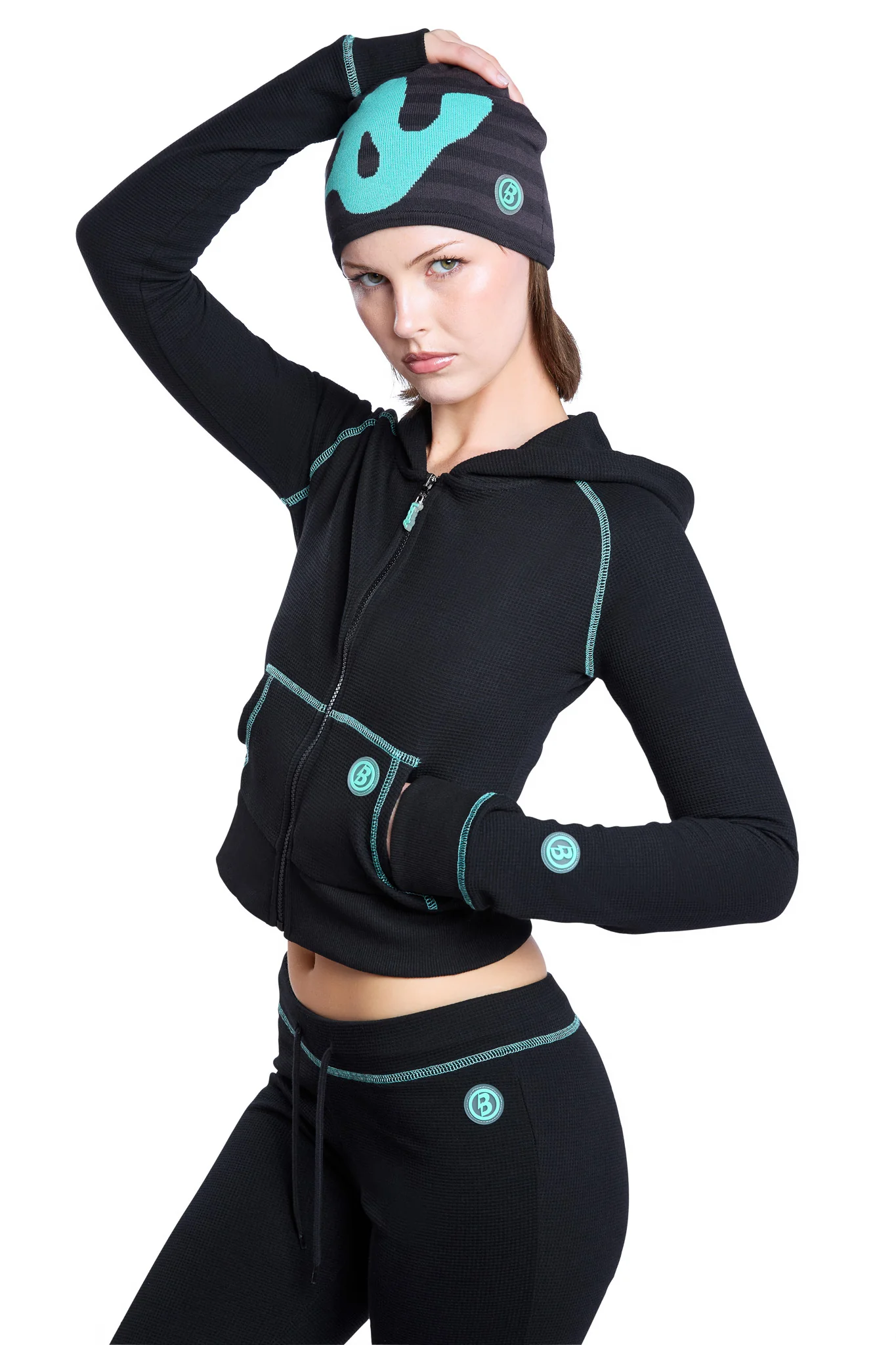 WAFFLE KNIT HOODIE (BLACK/TIFFANY BLUE)