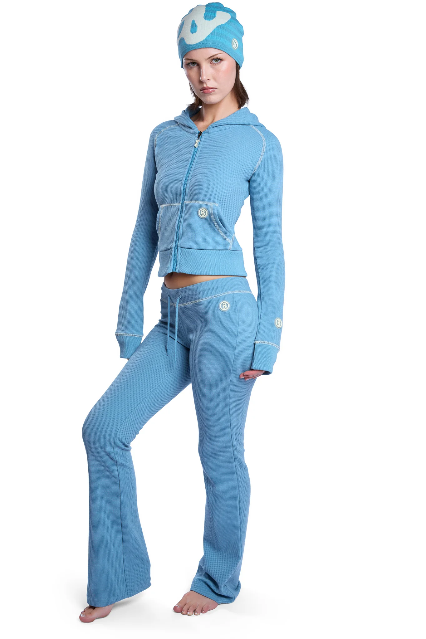 WAFFLE KNIT BOOT CUT PANTS (TEAL/CREAM)