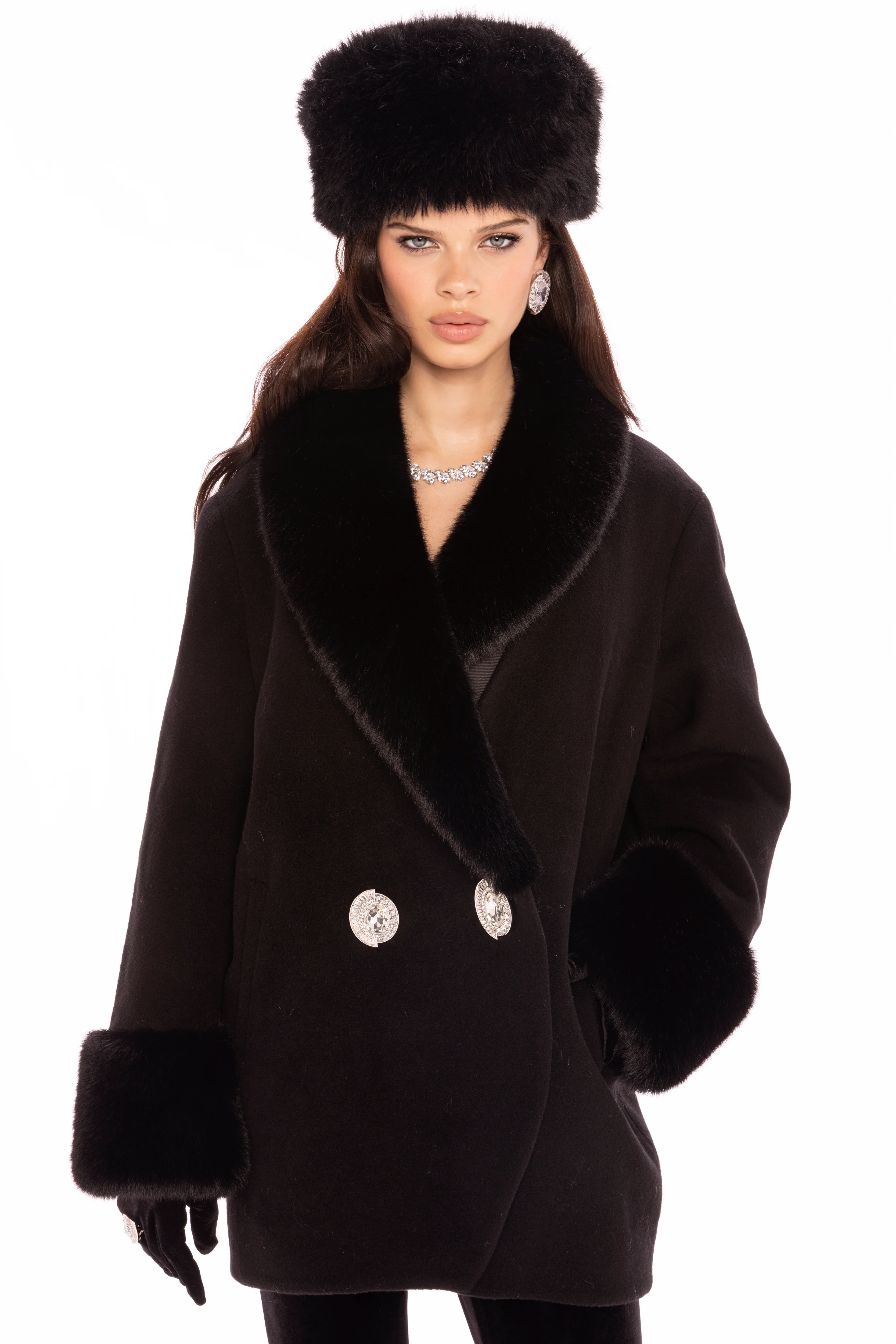 Althea Faux Fur Collar Cocoon Coat (Black)