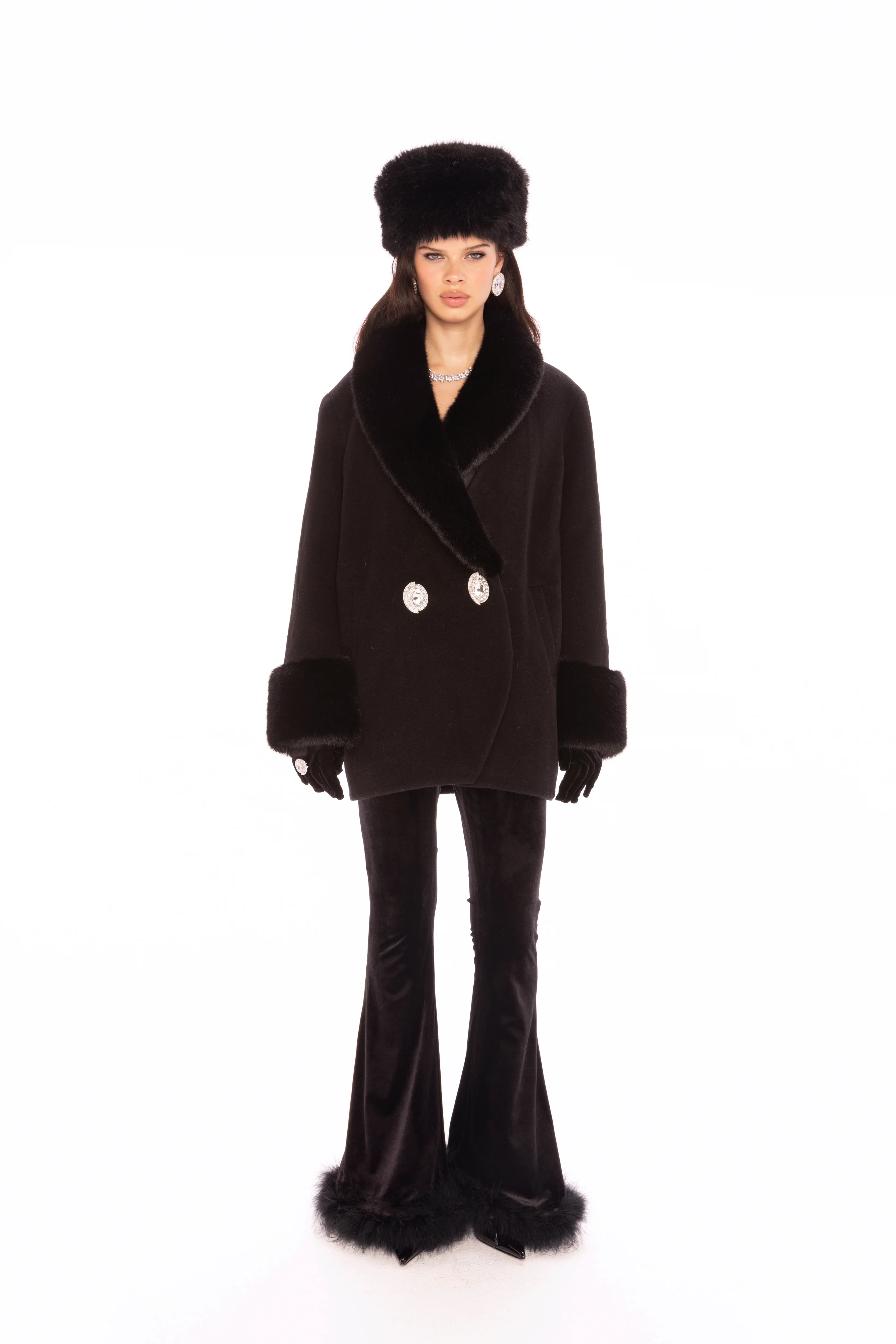 Althea Faux Fur Collar Cocoon Coat (Black)