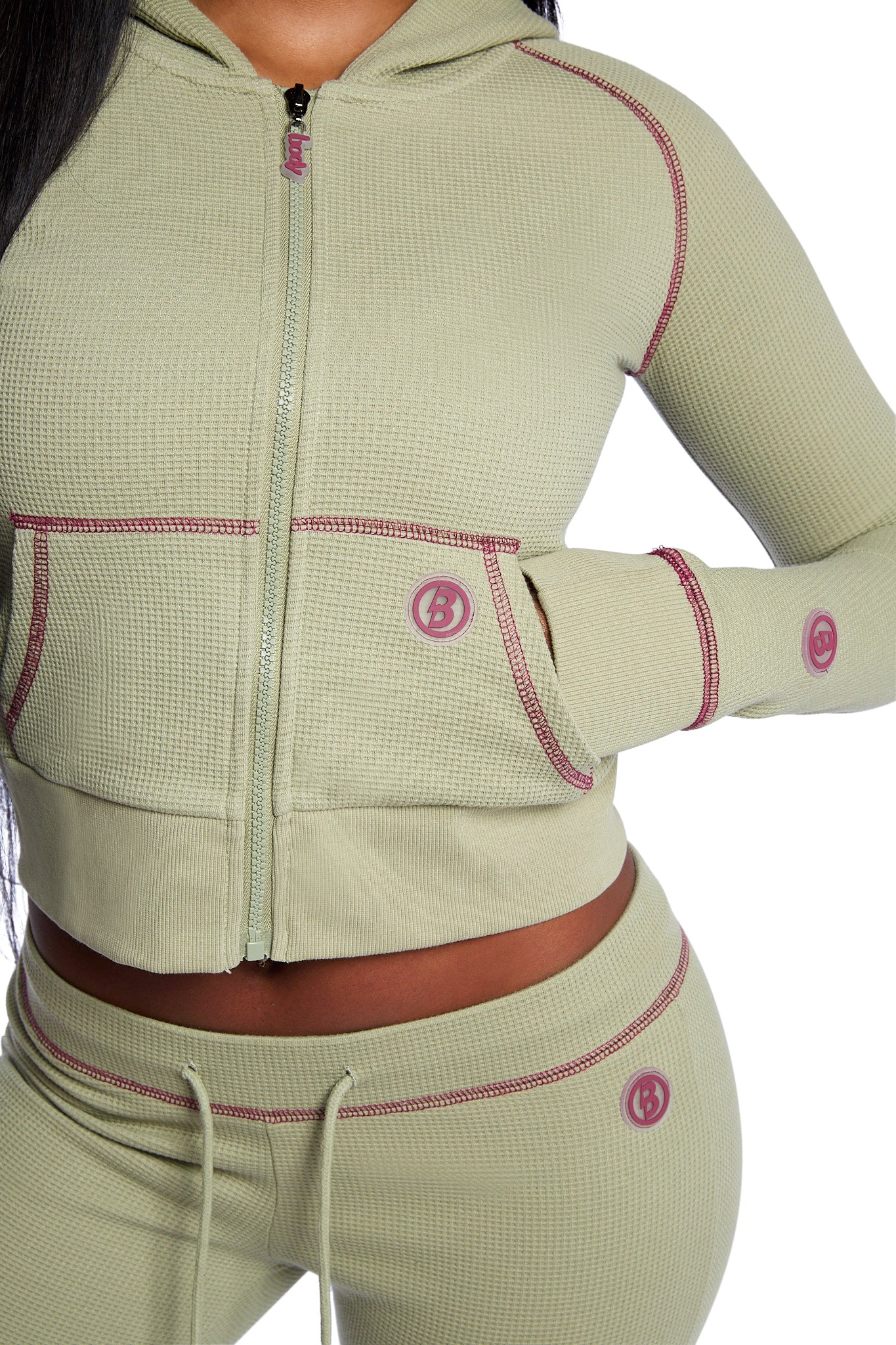 WAFFLE KNIT HOODIE (MATCHA/MAROON)