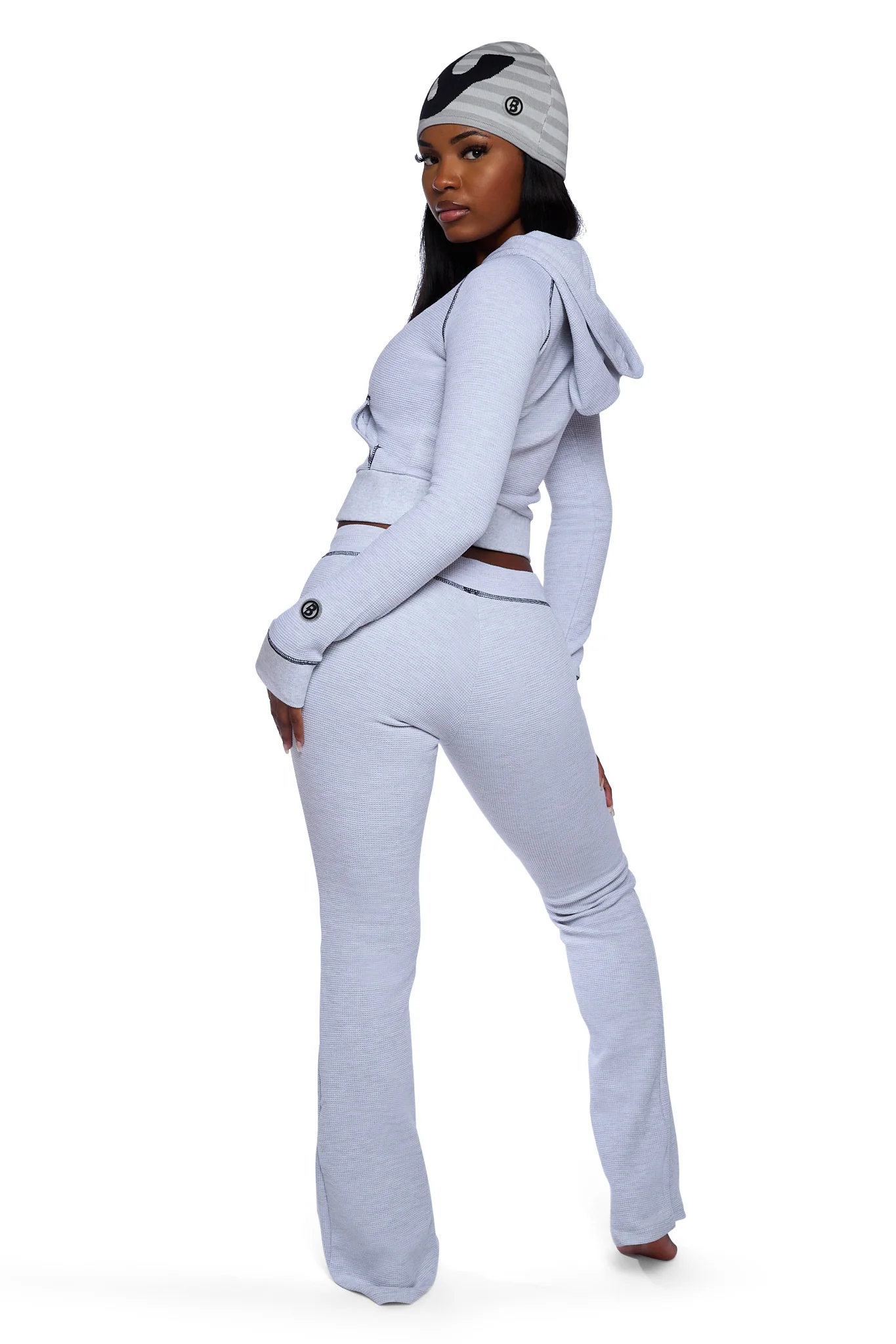 WAFFLE KNIT BOOT CUT PANTS (HEATHER GREY/BLACK)