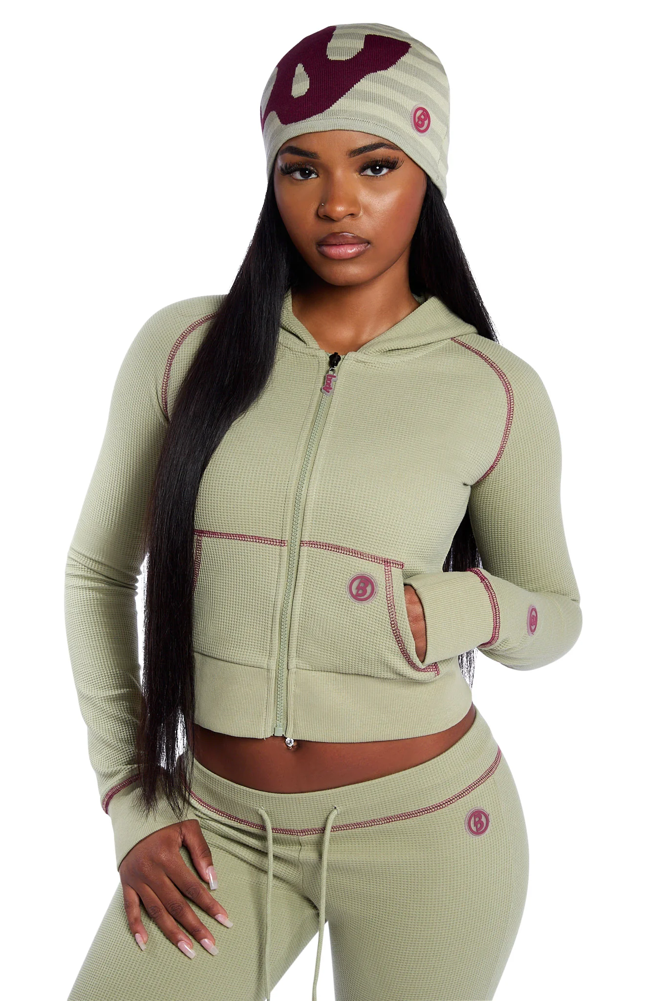 WAFFLE KNIT HOODIE (MATCHA/MAROON)