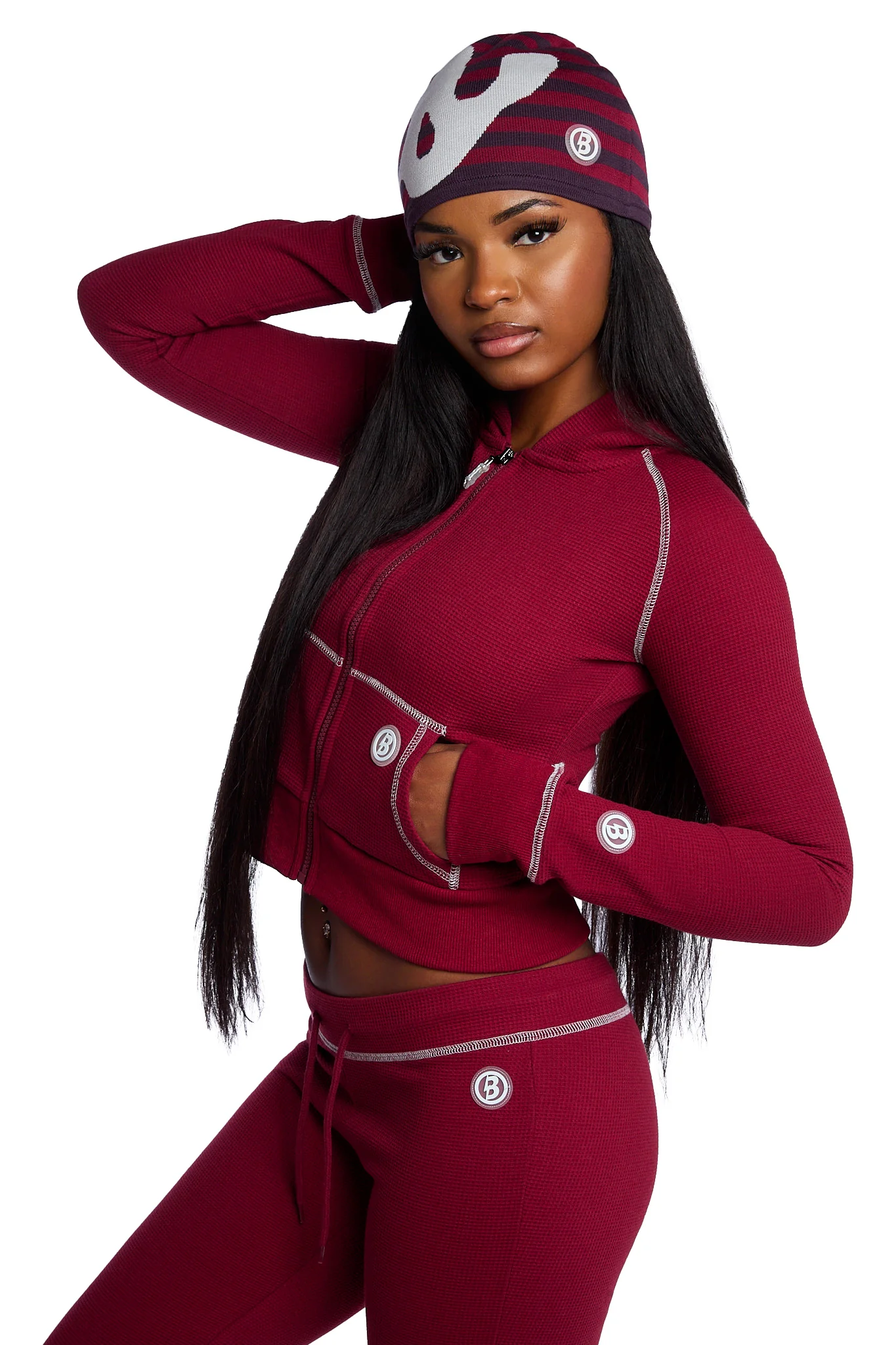 WAFFLE KNIT HOODIE (MAROON/SLATE)