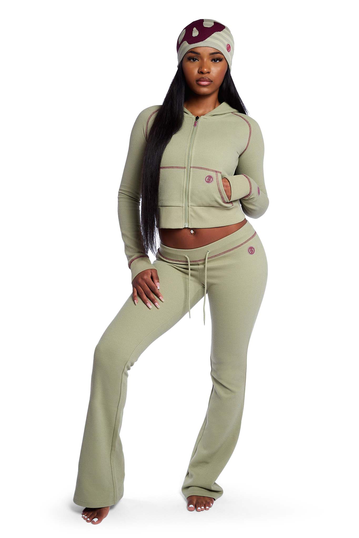 WAFFLE KNIT HOODIE (MATCHA/MAROON)