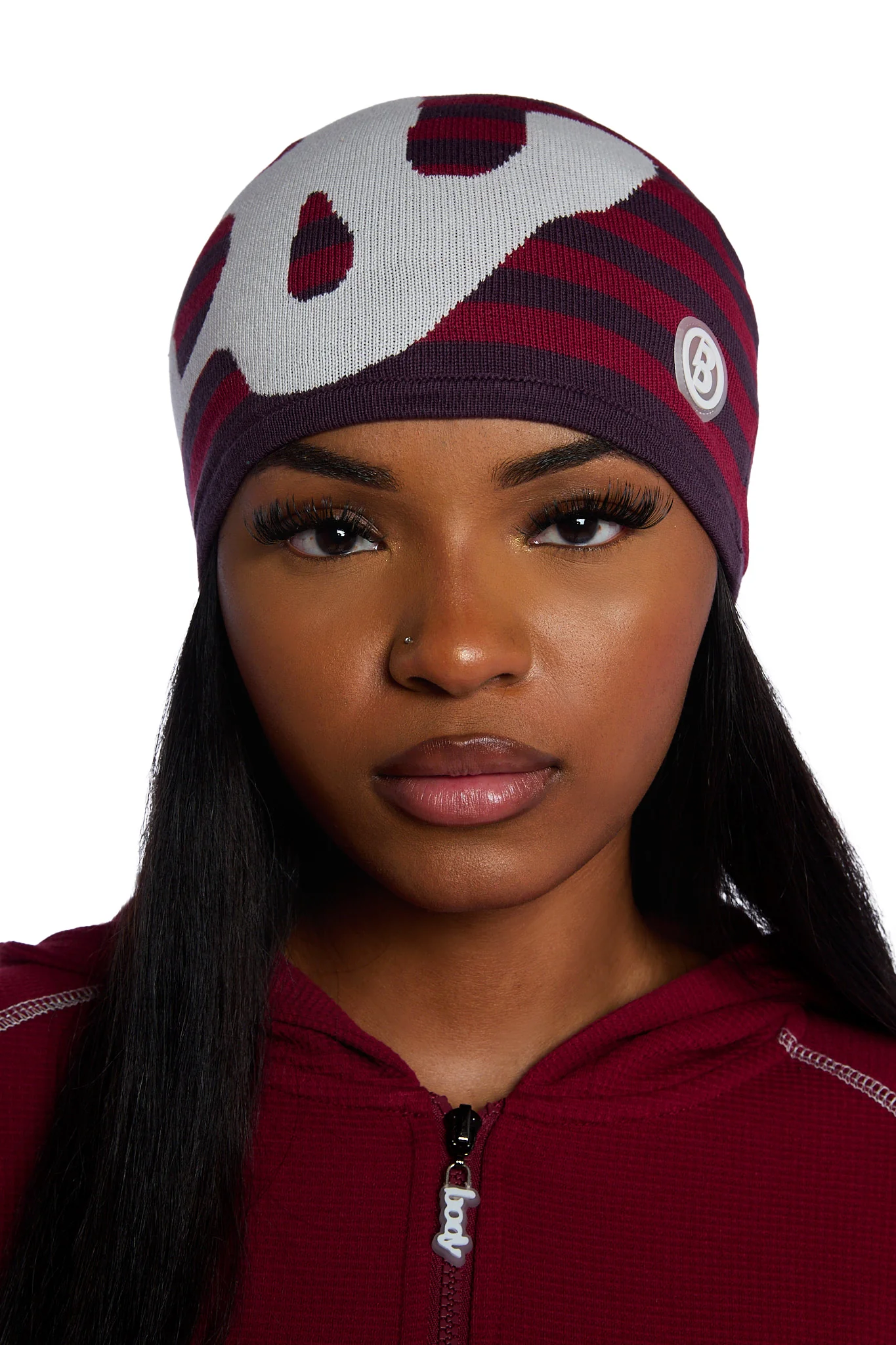 STRIPED KNIT BEANIE (MAROON/SLATE)