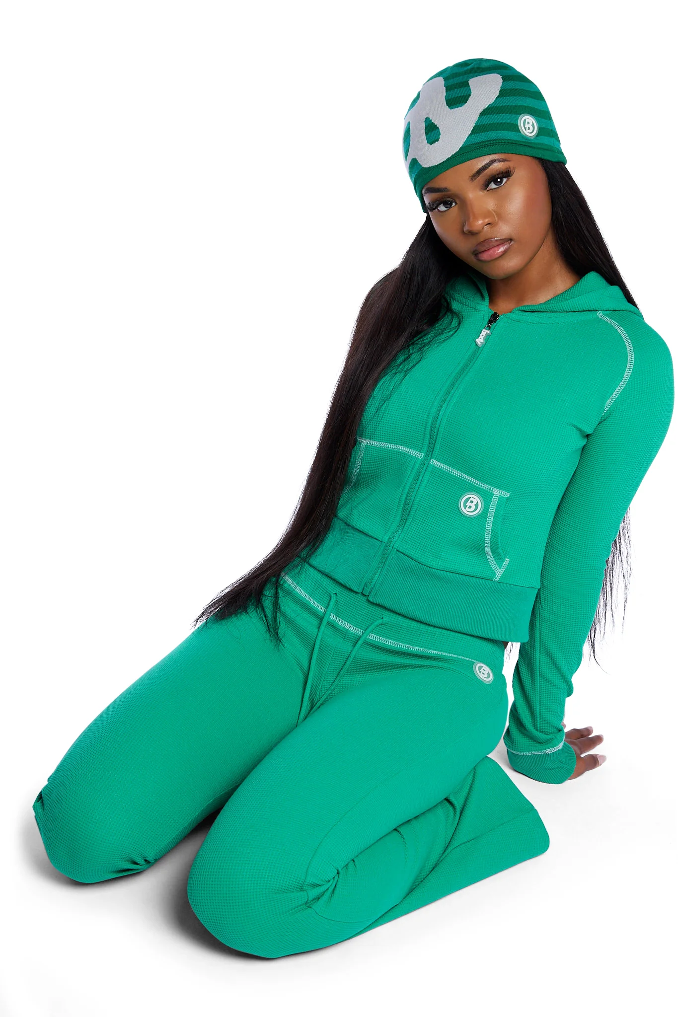 STRIPED KNIT BEANIE (TEAL GREEN/SLATE GREY)