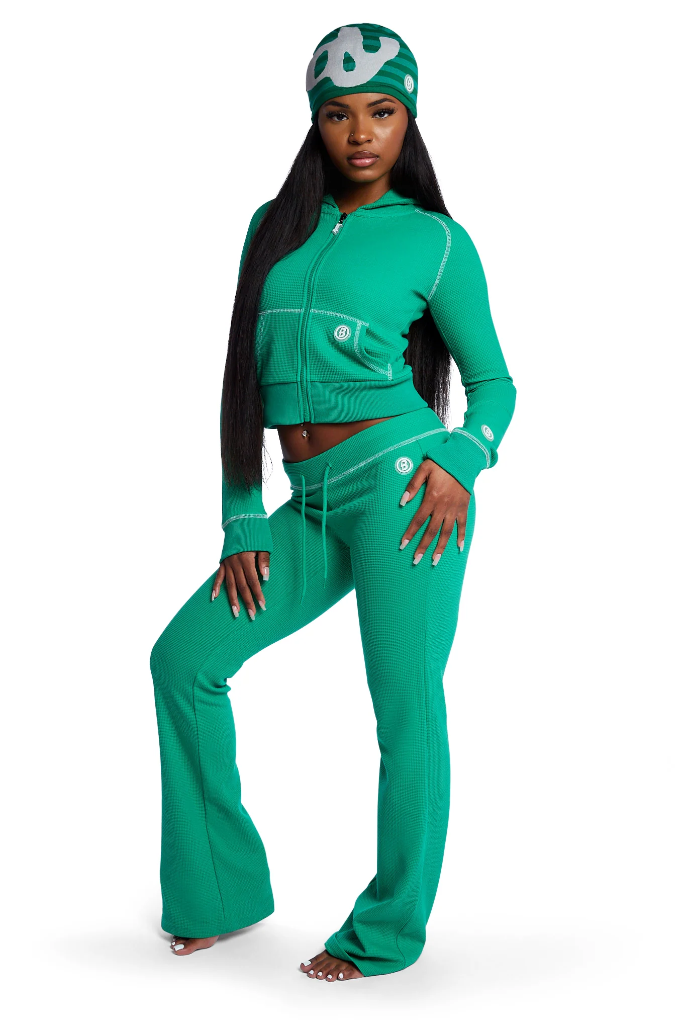 WAFFLE KNIT BOOT CUT PANTS (TEAL GREEN/SLATE GREY)