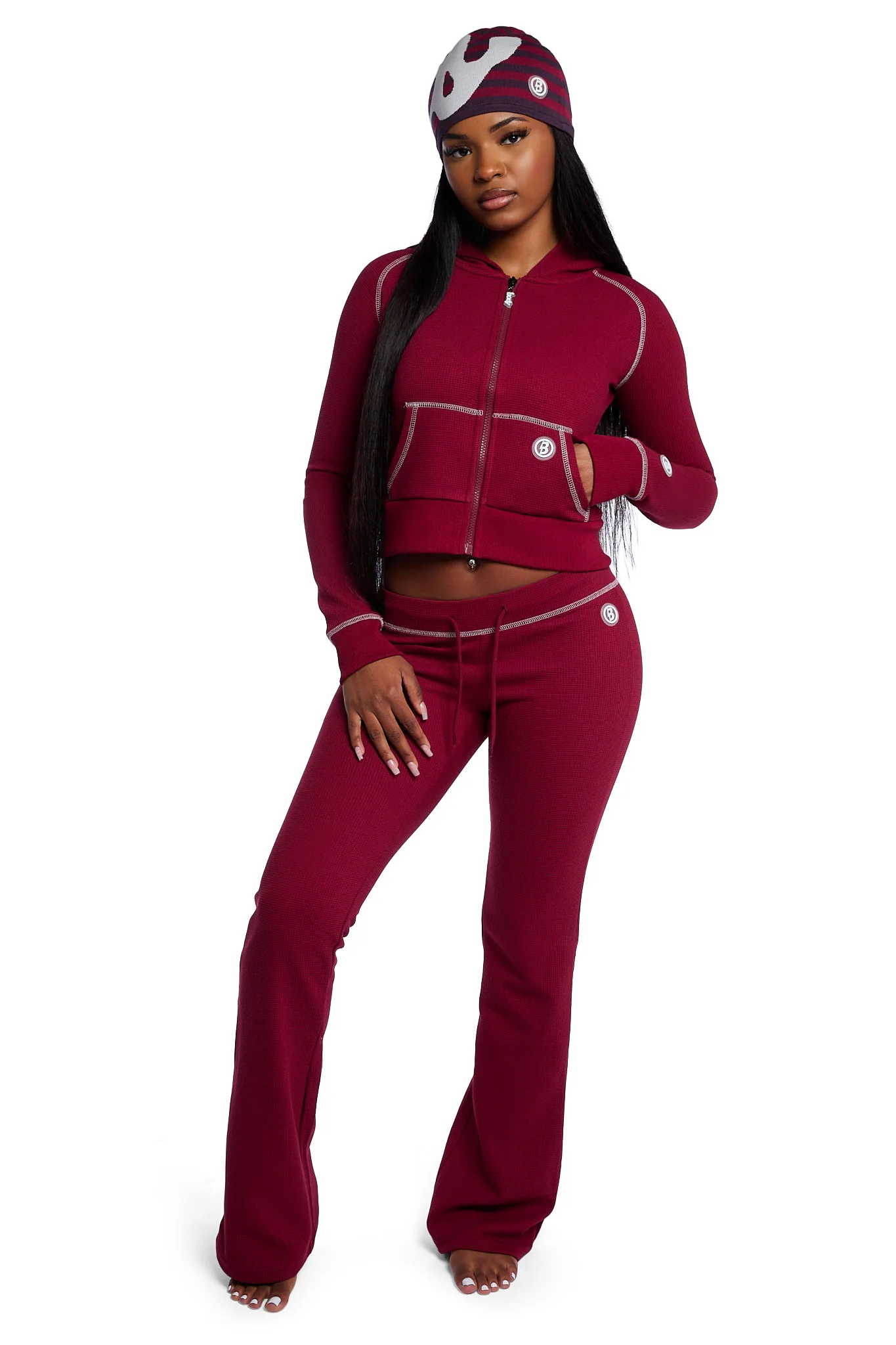 WAFFLE KNIT BOOT CUT PANTS (MAROON/SLATE)