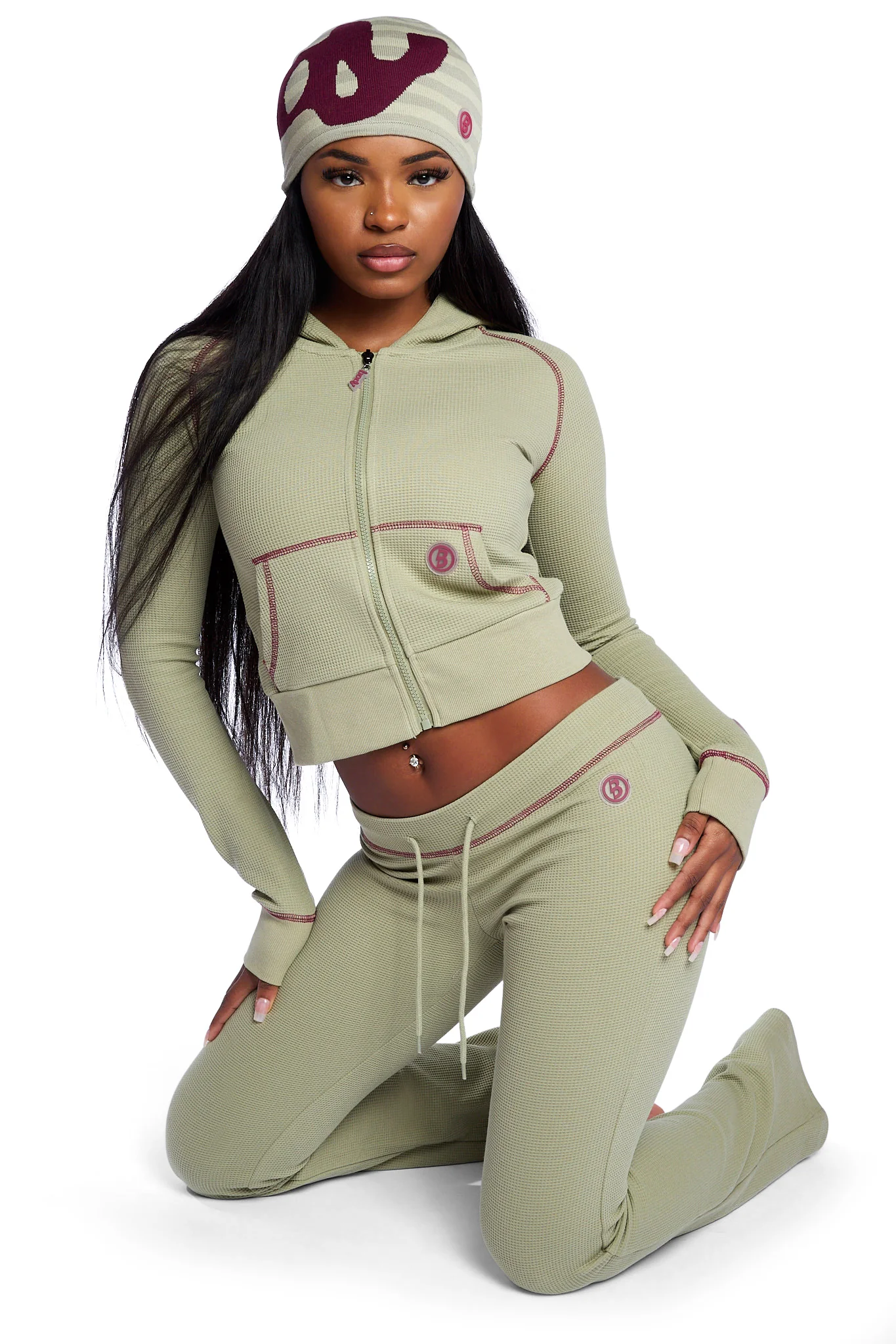 WAFFLE KNIT HOODIE (MATCHA/MAROON)