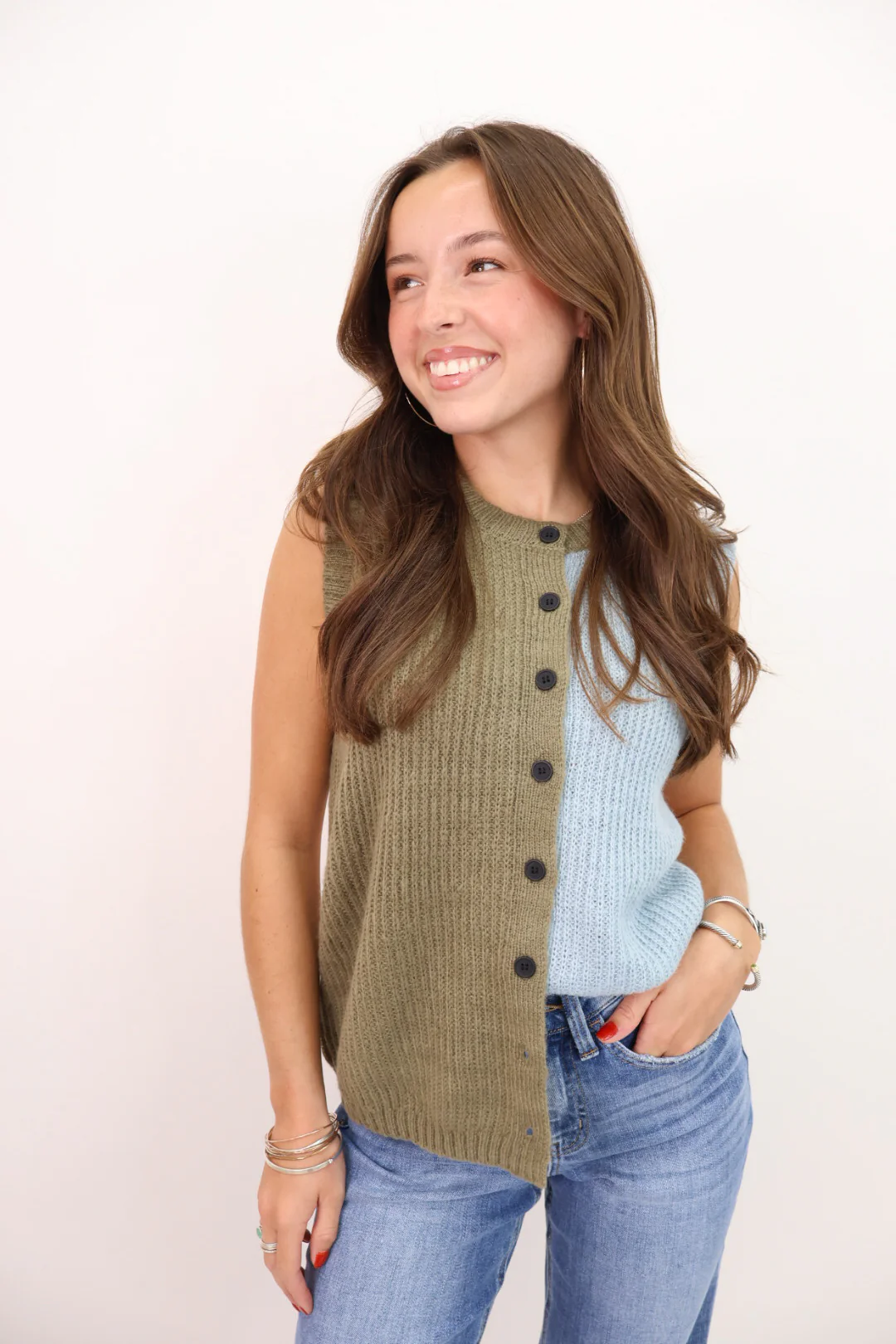 Color Block Button-Front Sweater Vest