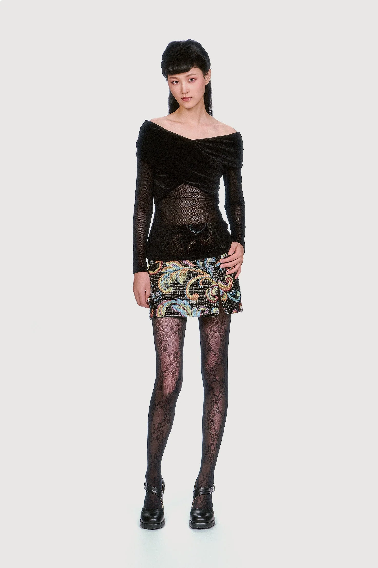 Velvet Mesh Off the Shoulder Top - Black