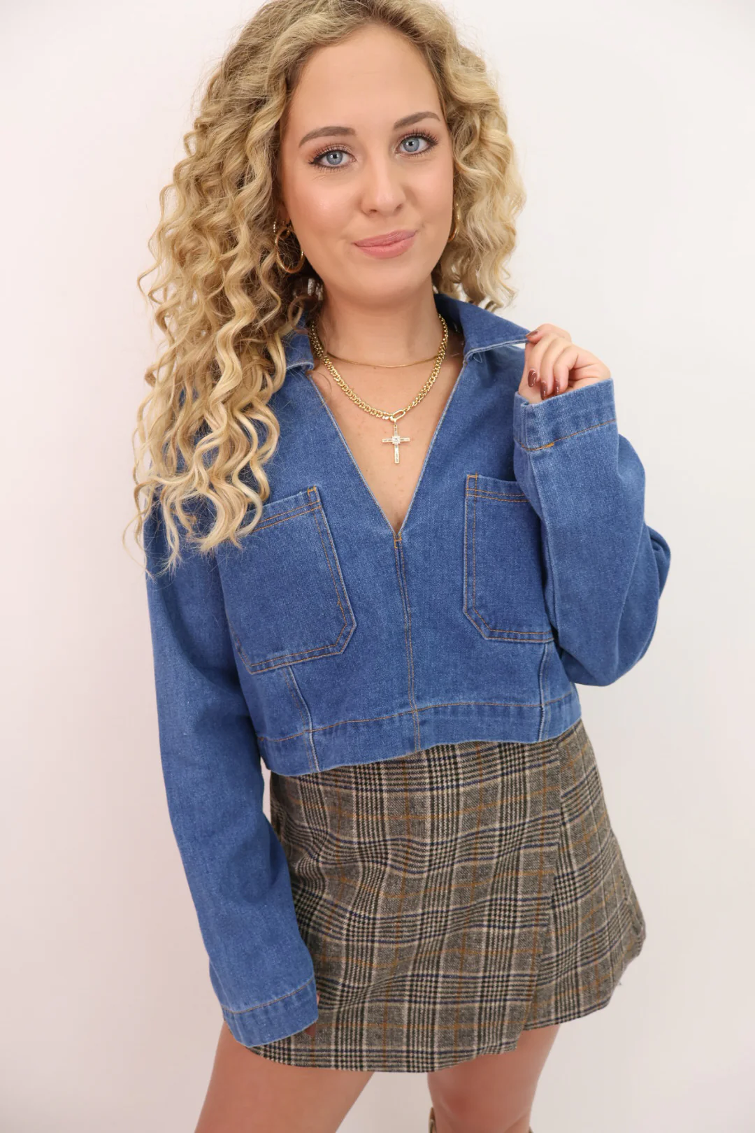 Cropped Denim Long Sleeve Top