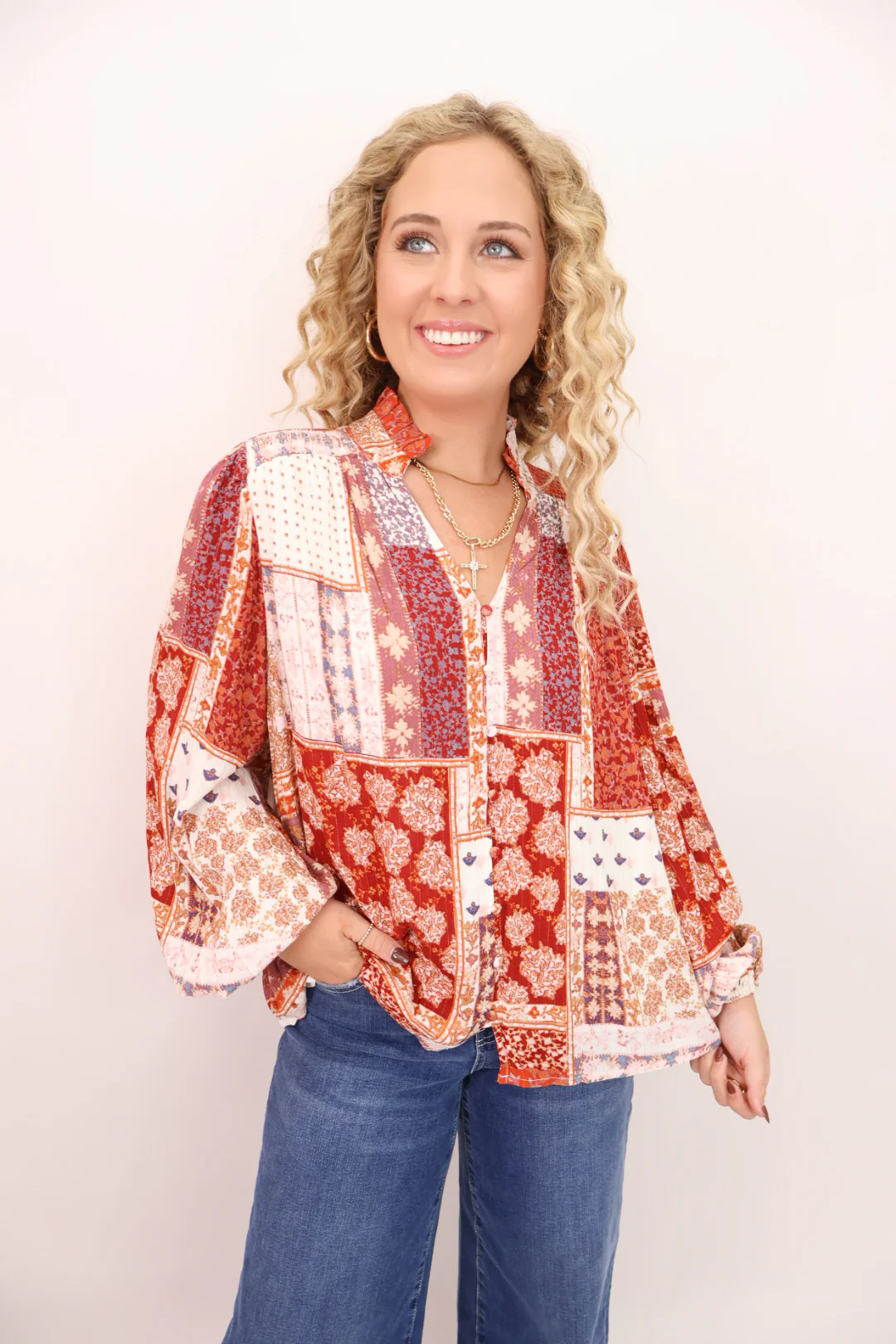 Rust Patchwork Print Top