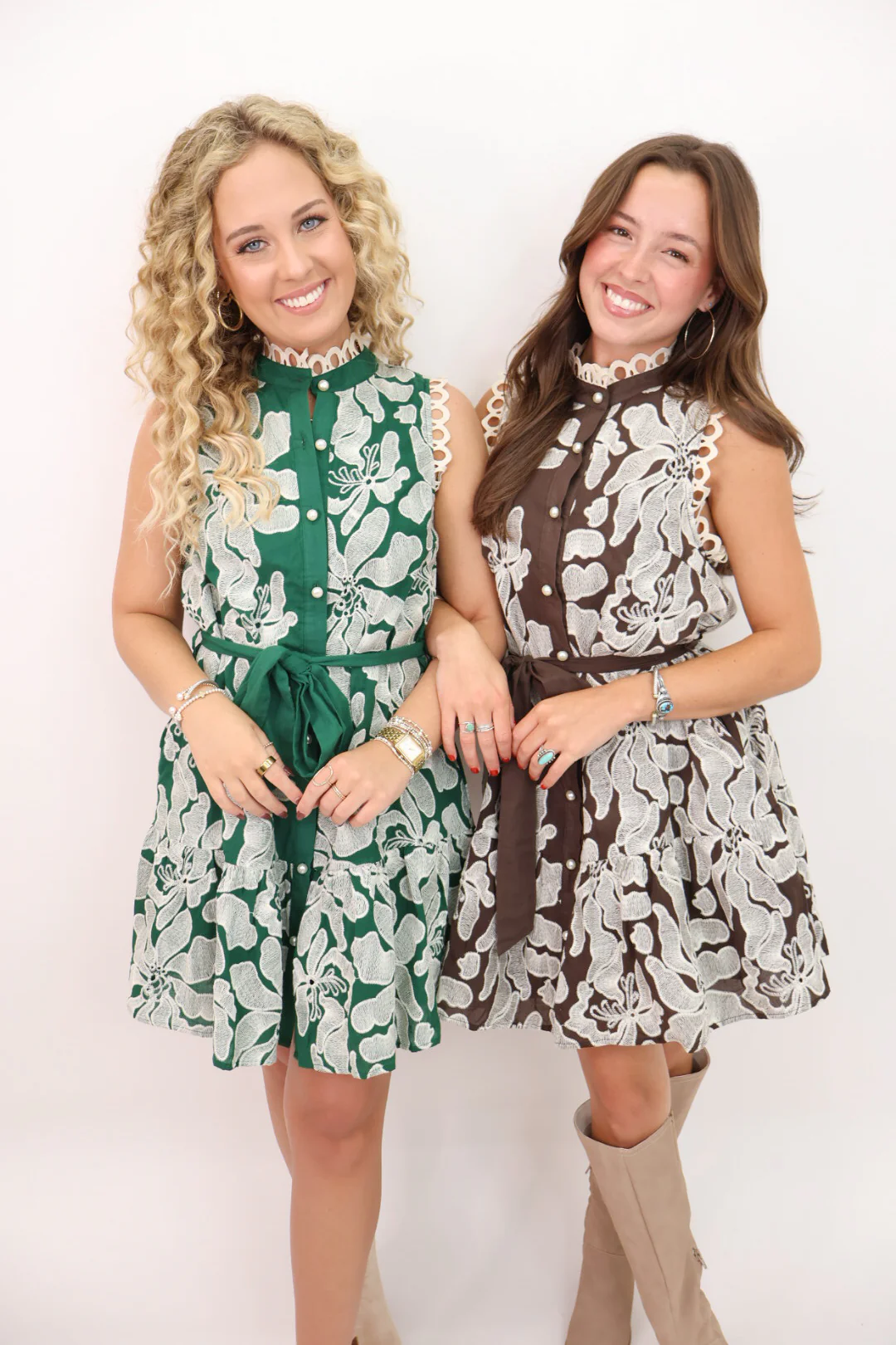 Embroidered Button Front Dress - Brown